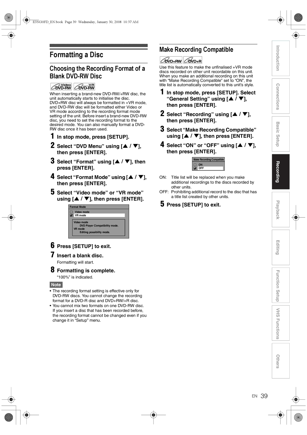 Toshiba RD-XV48DTKF Formatting a Disc, Choosing the Recording Format of a Blank DVD-RW Disc, Make Recording Compatible 