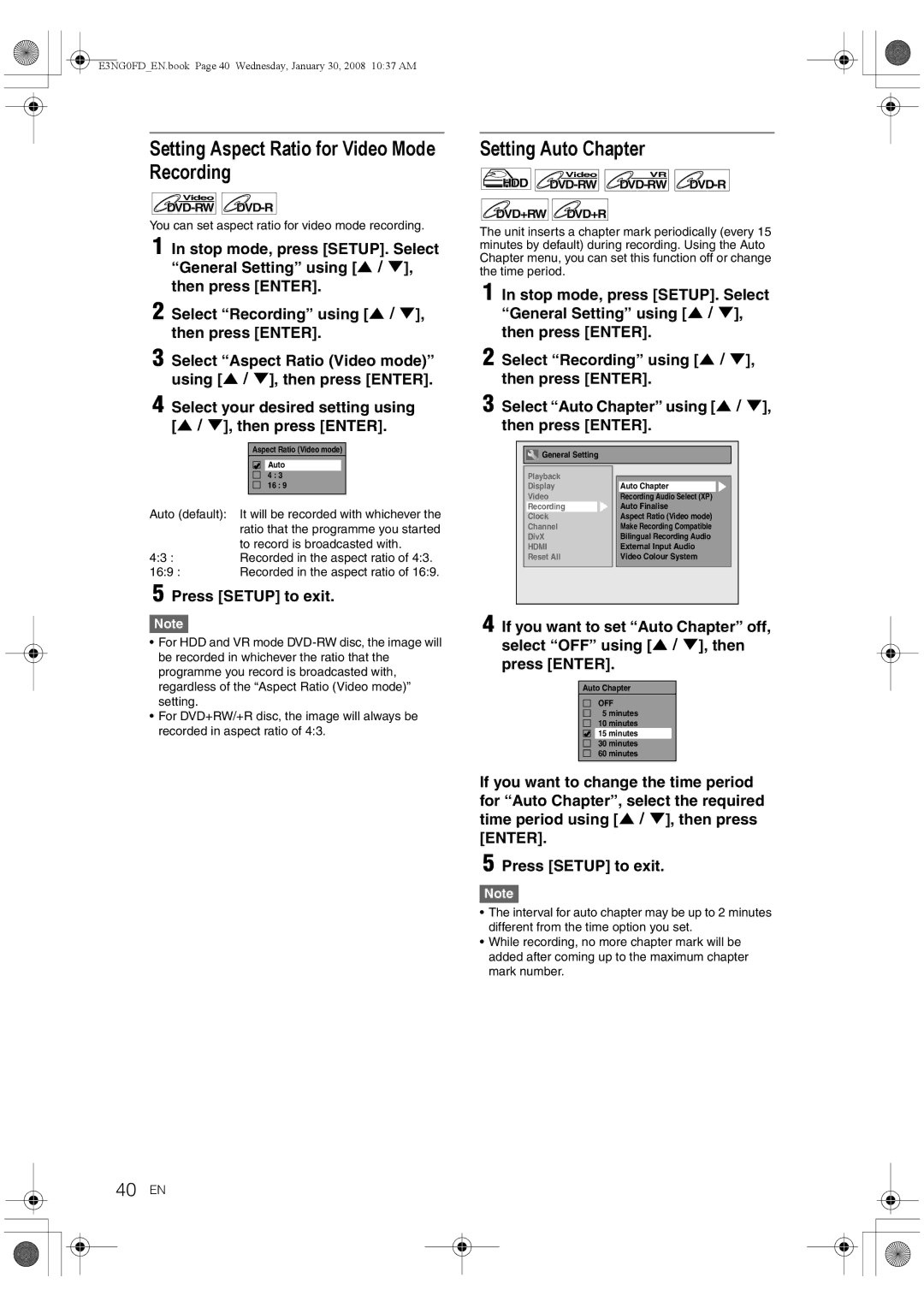 Toshiba RD-XV48DTKF owner manual Setting Aspect Ratio for Video Mode Recording, Setting Auto Chapter, 40 EN 