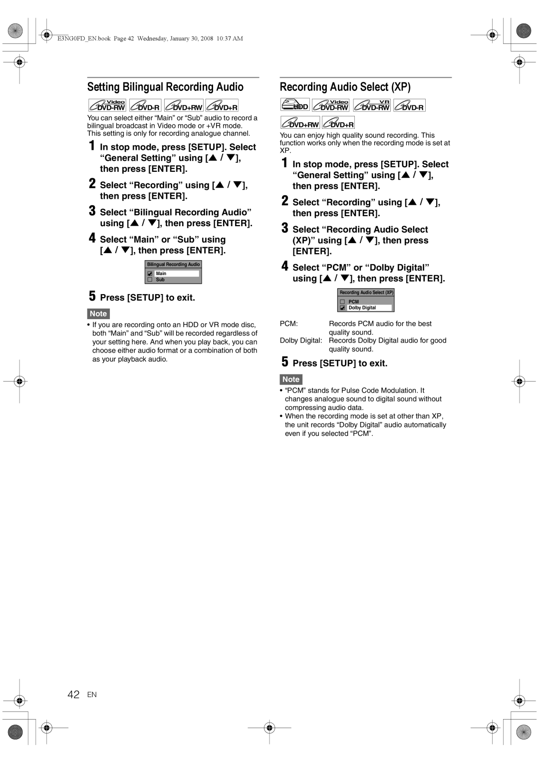 Toshiba RD-XV48DTKF owner manual Setting Bilingual Recording Audio, Recording Audio Select XP, 42 EN 