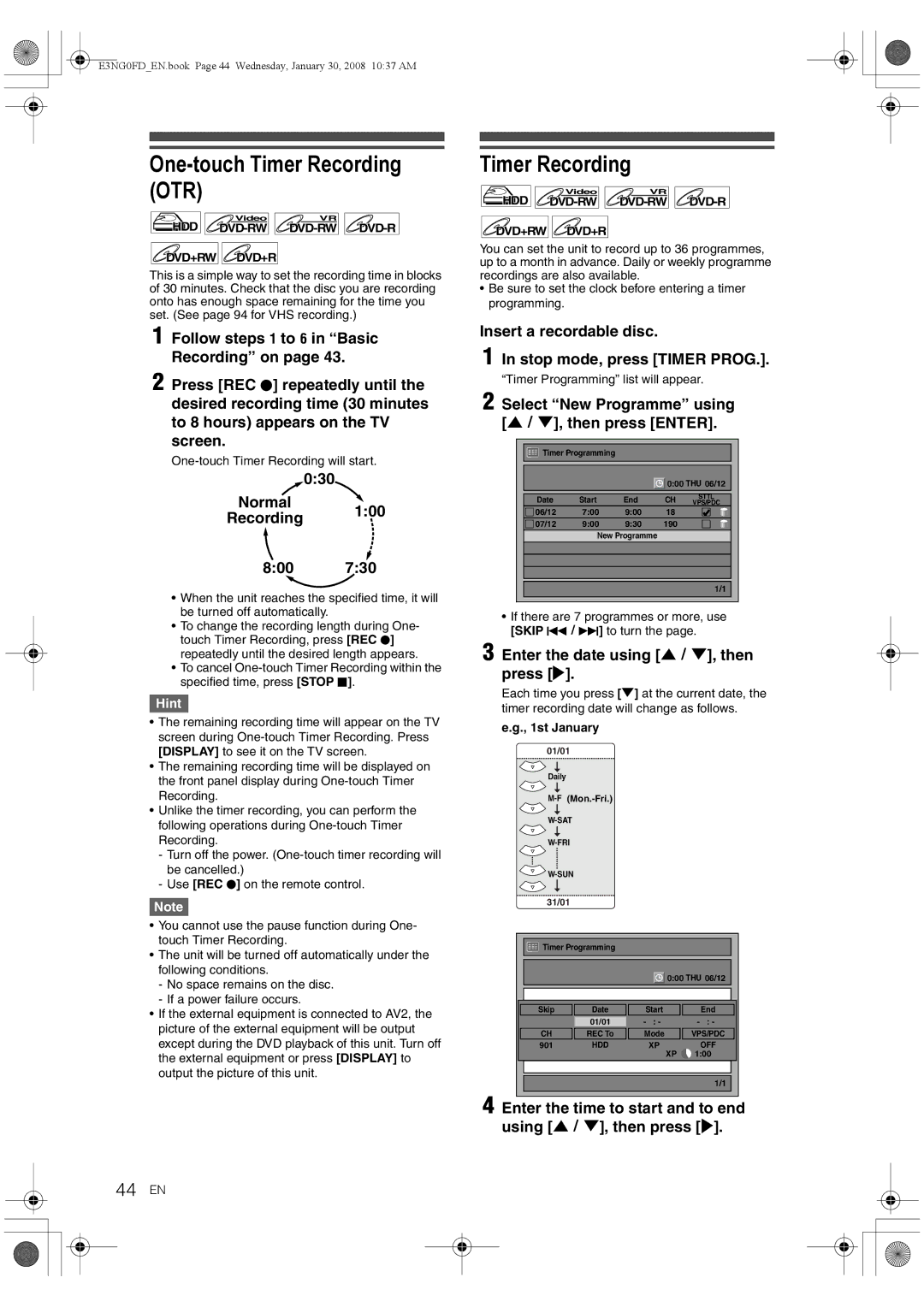 Toshiba RD-XV48DTKF owner manual One-touch Timer Recording OTR, 44 EN 