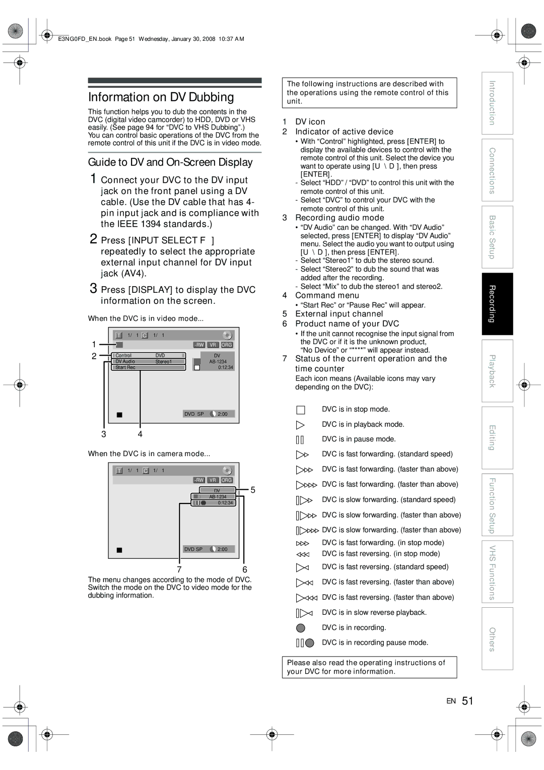 Toshiba RD-XV48DTKF owner manual Information on DV Dubbing, Guide to DV and On-Screen Display 