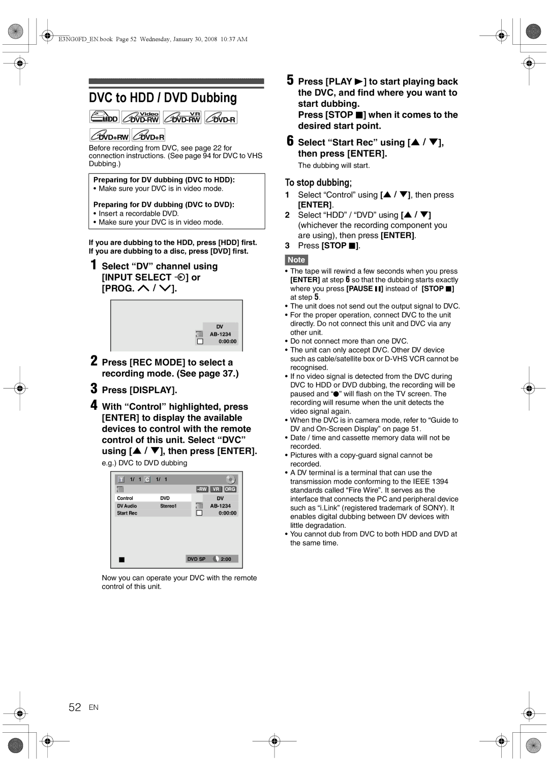 Toshiba RD-XV48DTKF owner manual DVC to HDD / DVD Dubbing, 52 EN, To stop dubbing 