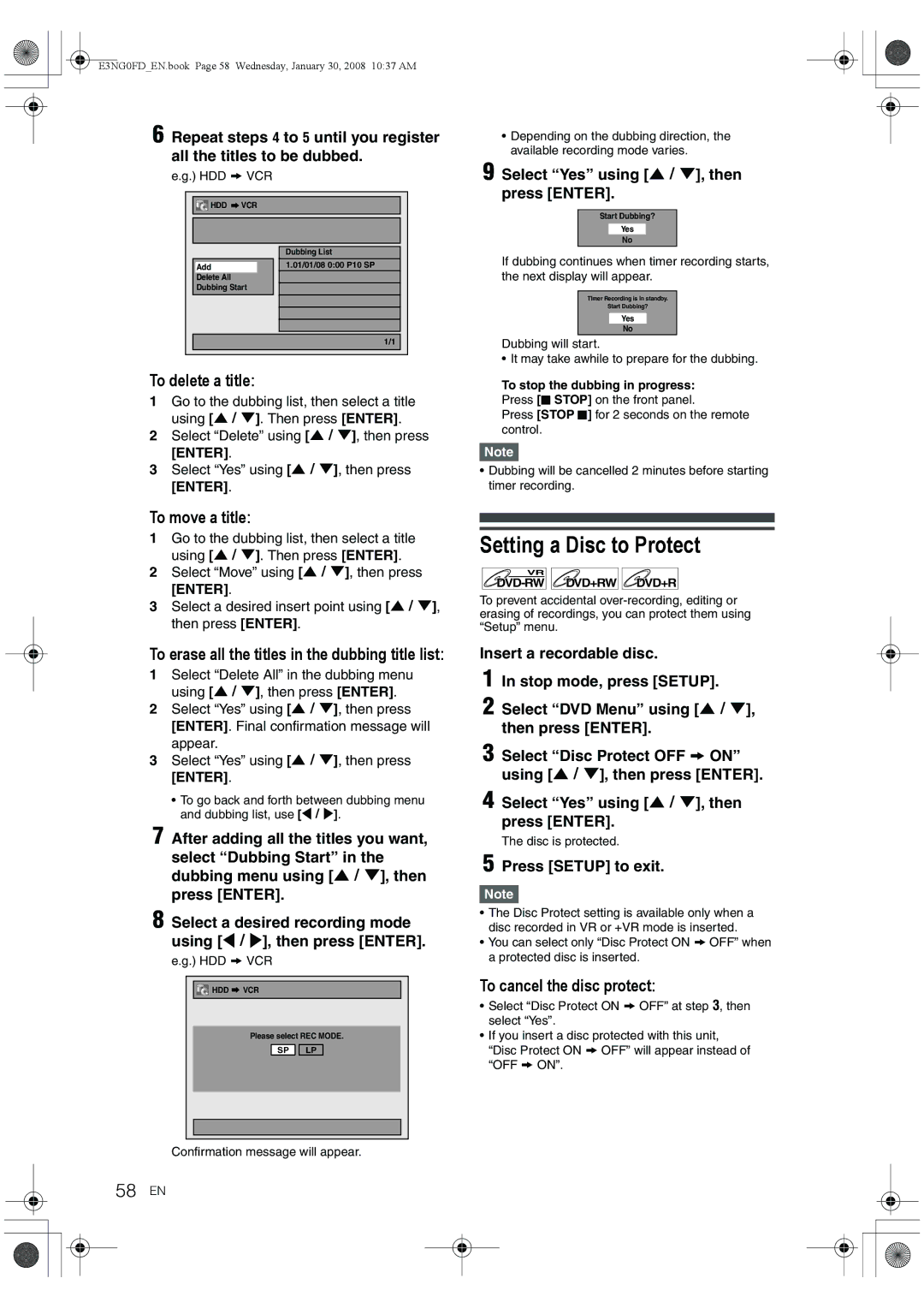 Toshiba RD-XV48DTKF owner manual Setting a Disc to Protect, 58 EN, To cancel the disc protect, HDD a VCR, Disc is protected 