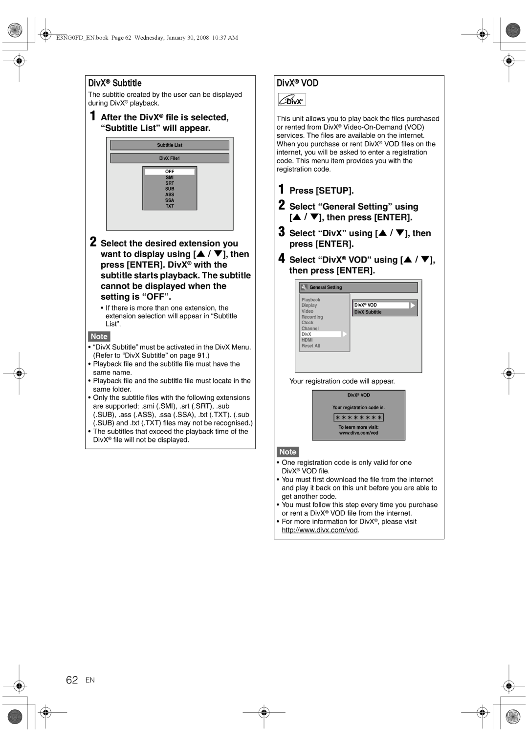 Toshiba RD-XV48DTKF owner manual 62 EN, DivX Subtitle, DivX VOD, After the DivX file is selected, Subtitle List will appear 