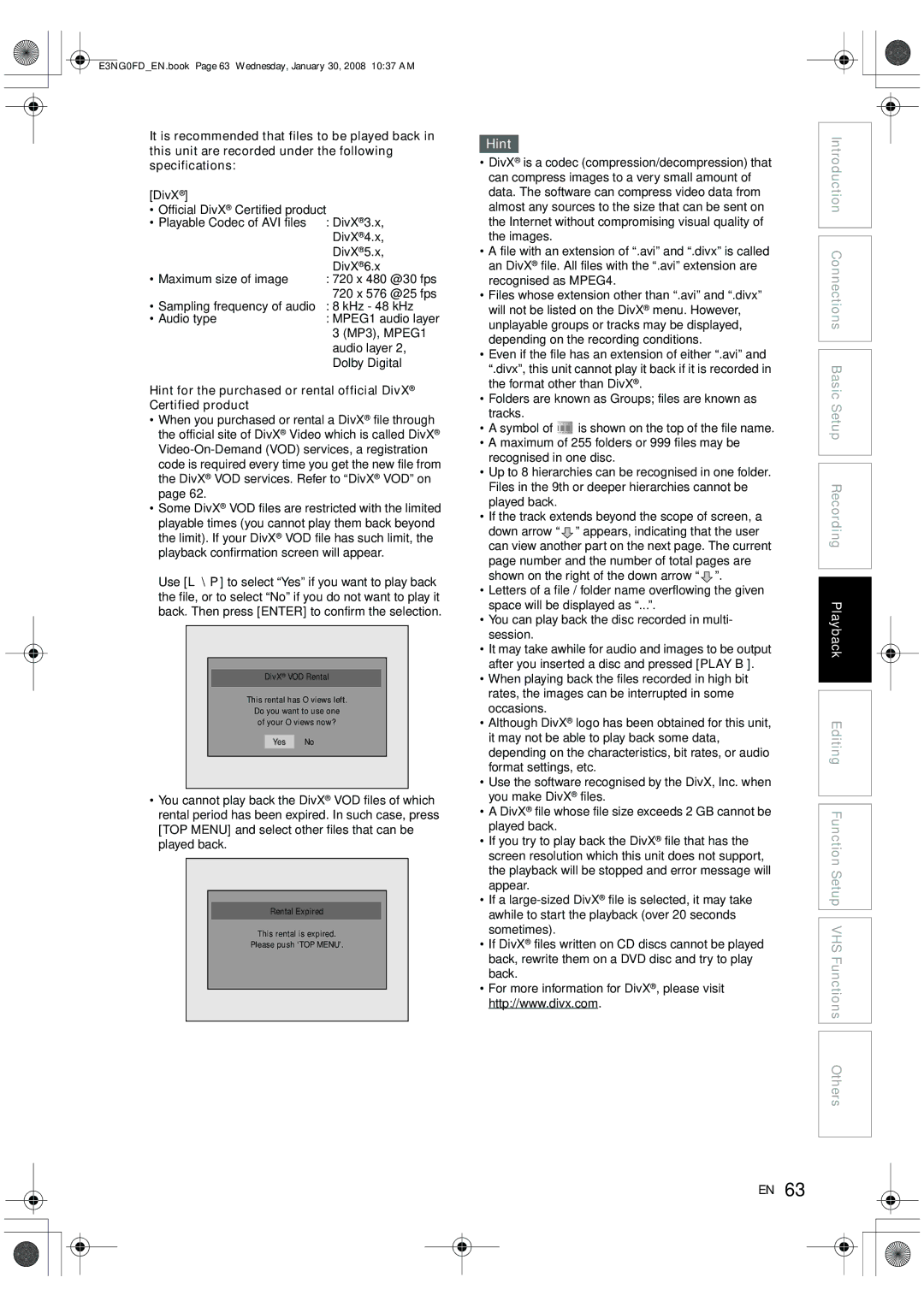 Toshiba RD-XV48DTKF owner manual 720 x 480 @30 fps 