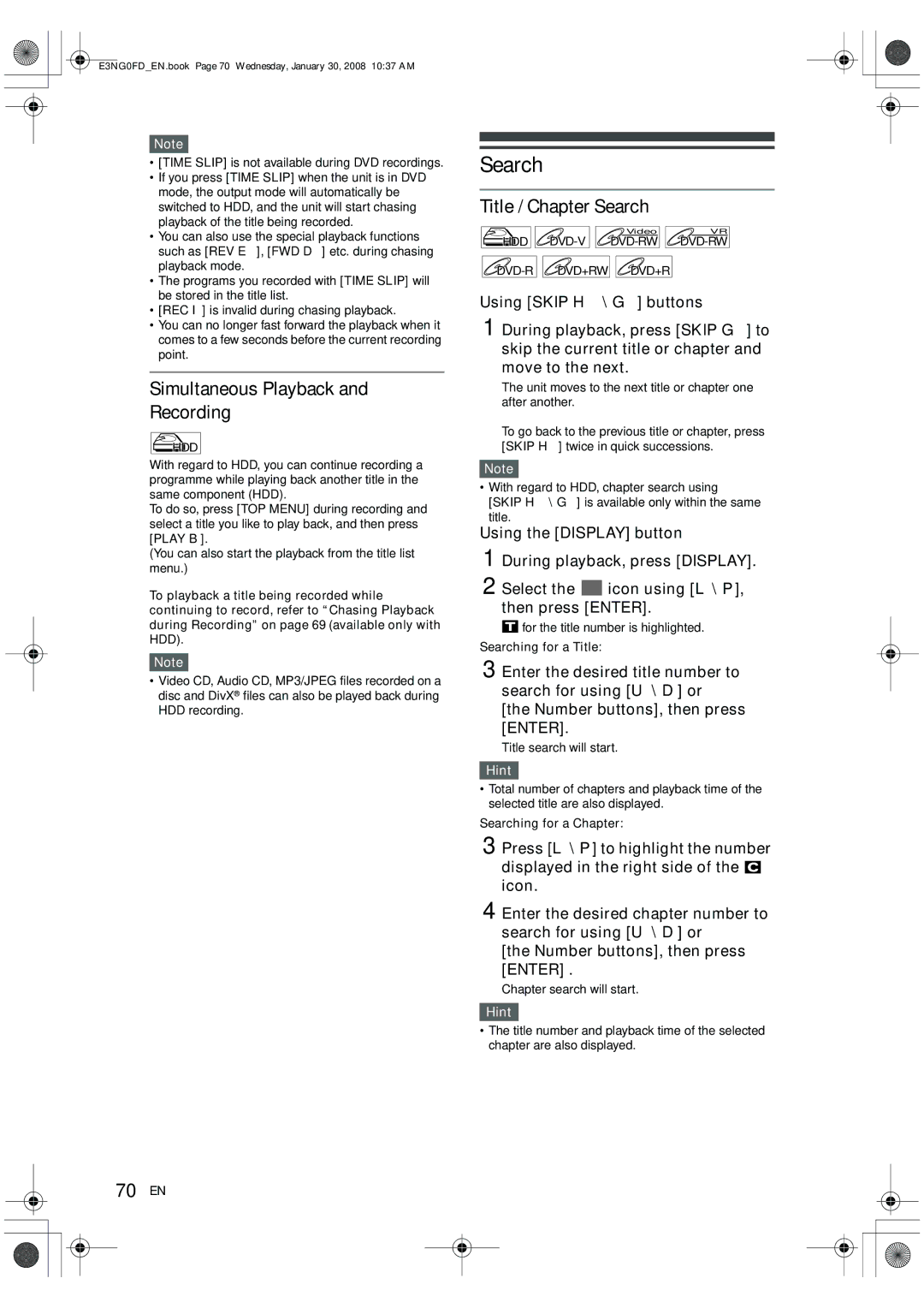 Toshiba RD-XV48DTKF owner manual Simultaneous Playback Recording, Title / Chapter Search, 70 EN 