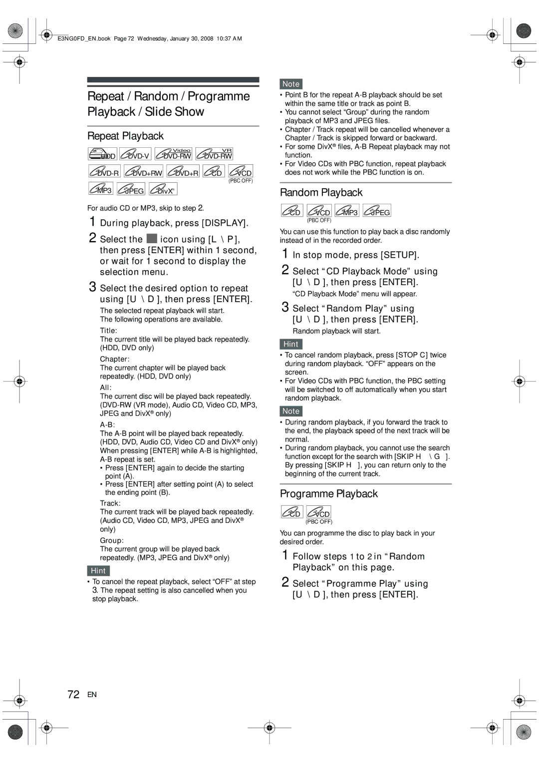 Toshiba RD-XV48DTKF owner manual Repeat / Random / Programme Playback / Slide Show, Repeat Playback, Random Playback, 72 EN 