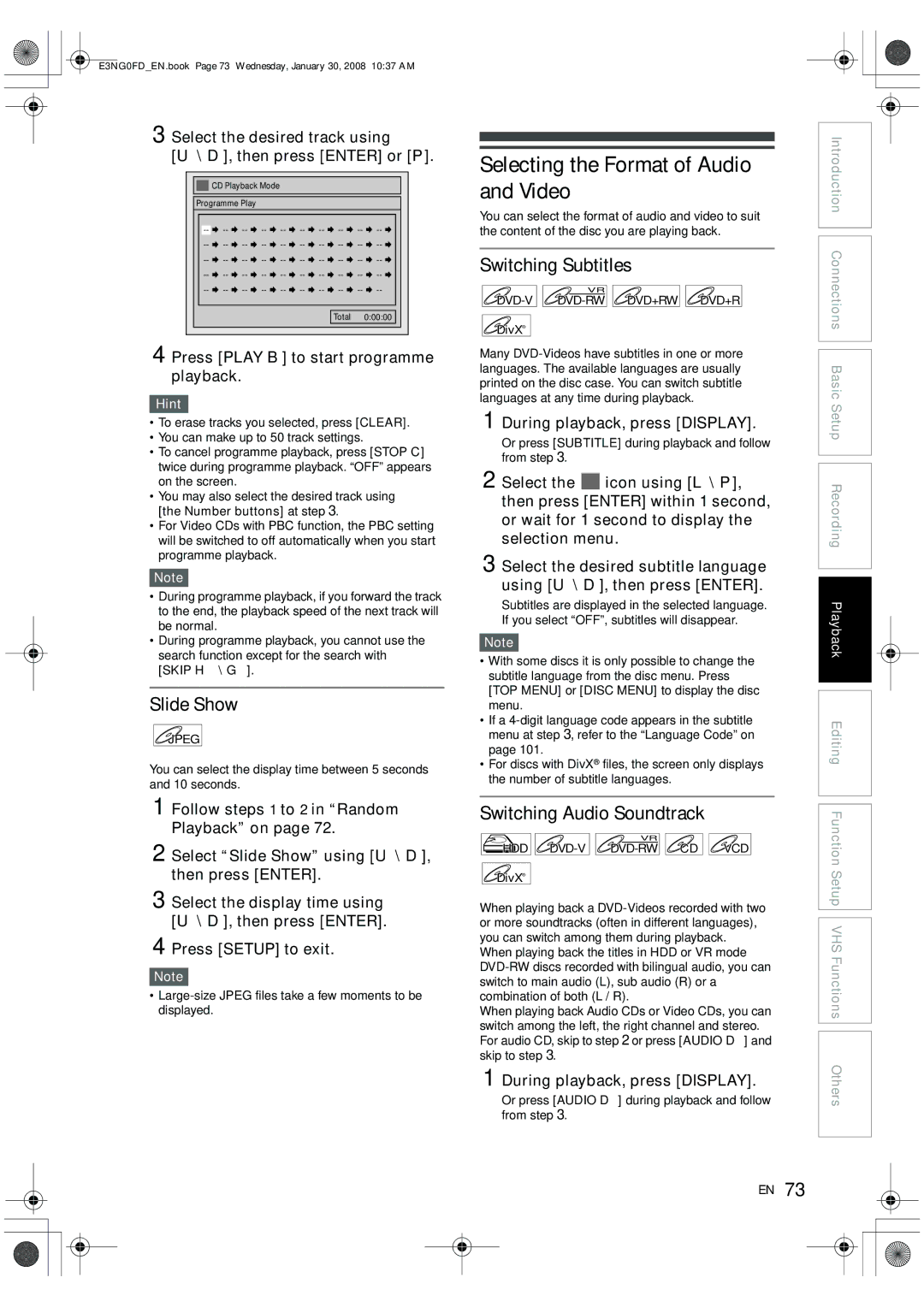 Toshiba RD-XV48DTKF Selecting the Format of Audio and Video, Slide Show, Switching Subtitles, Switching Audio Soundtrack 