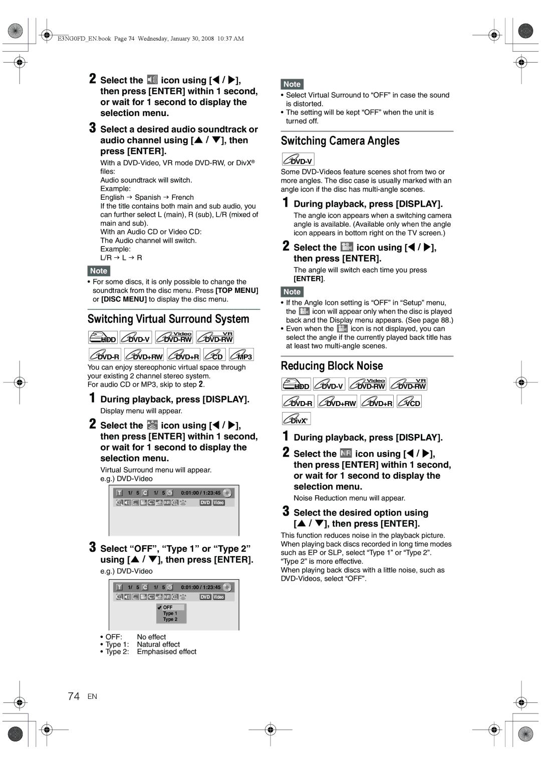 Toshiba RD-XV48DTKF owner manual Switching Virtual Surround System, Switching Camera Angles, Reducing Block Noise, 74 EN 