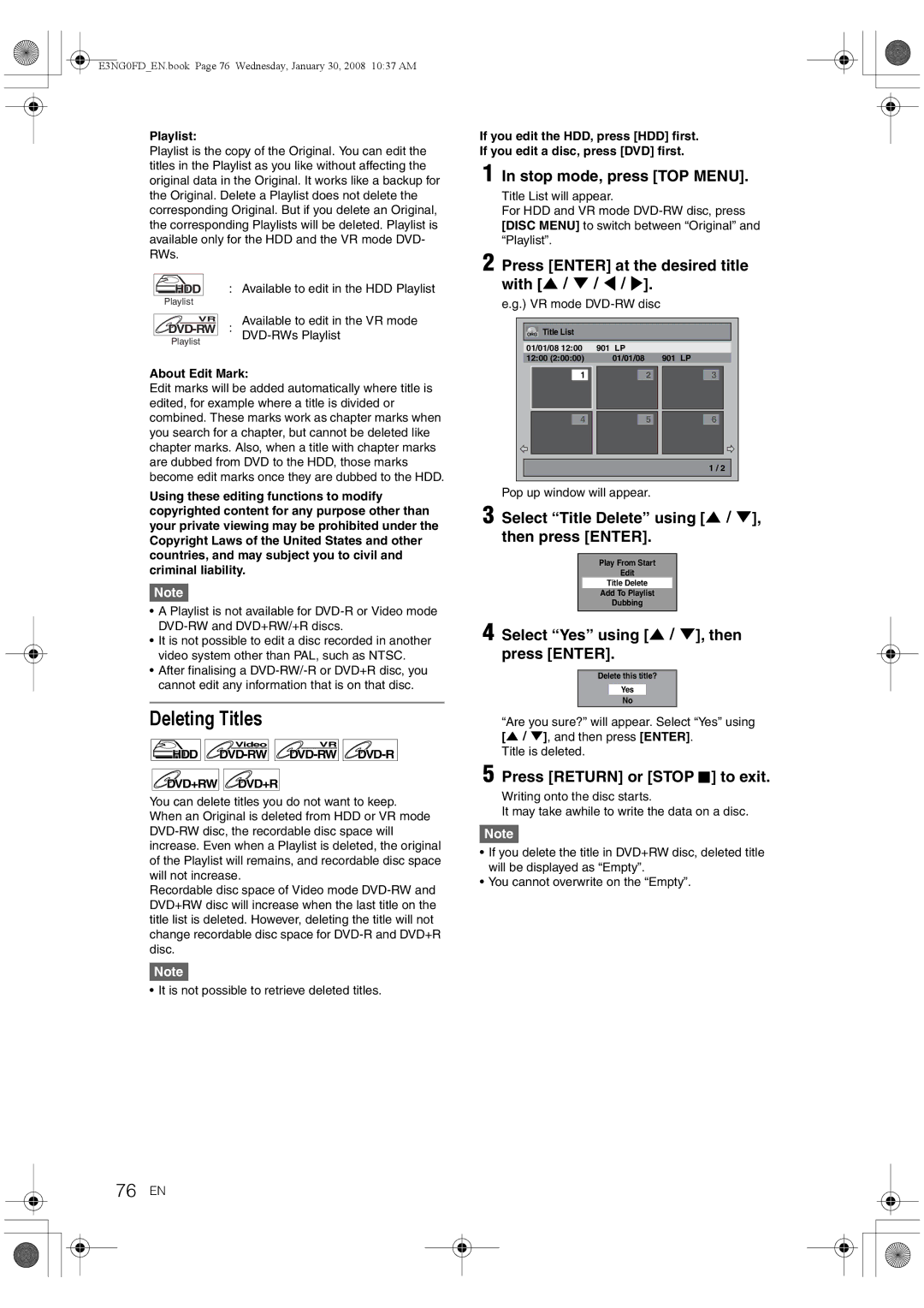 Toshiba RD-XV48DTKF owner manual Deleting Titles, 76 EN 