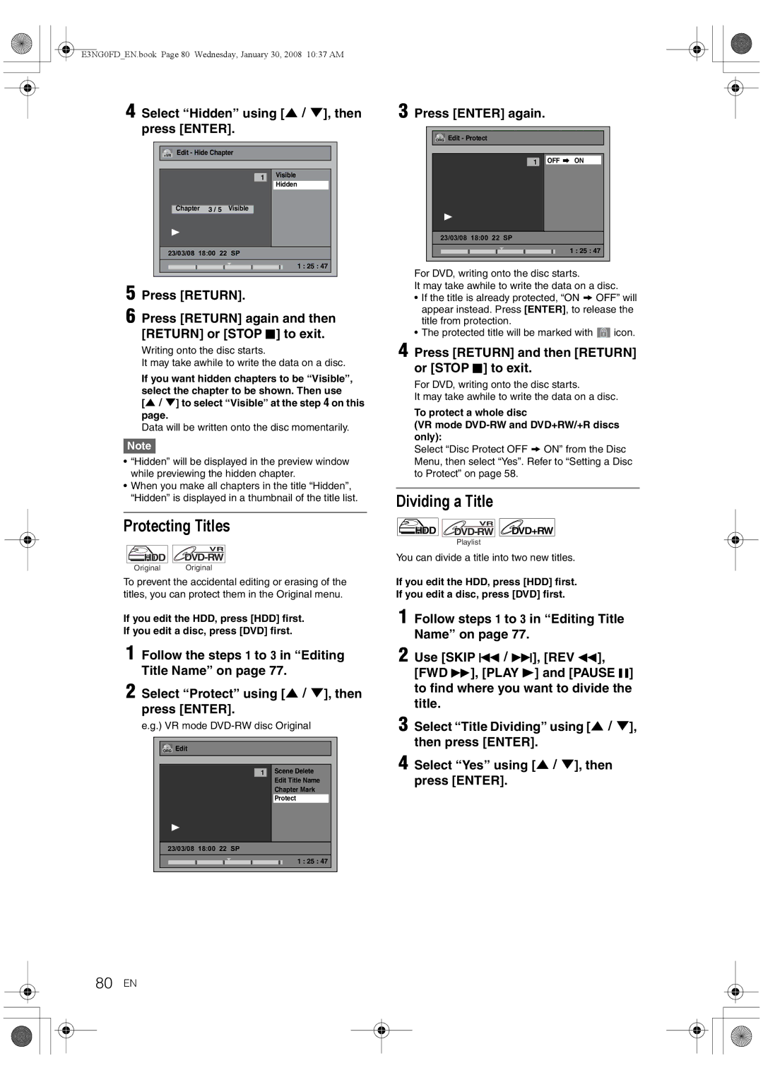 Toshiba RD-XV48DTKF owner manual Protecting Titles, Dividing a Title, 80 EN, Select Hidden using U \ D, then press Enter 