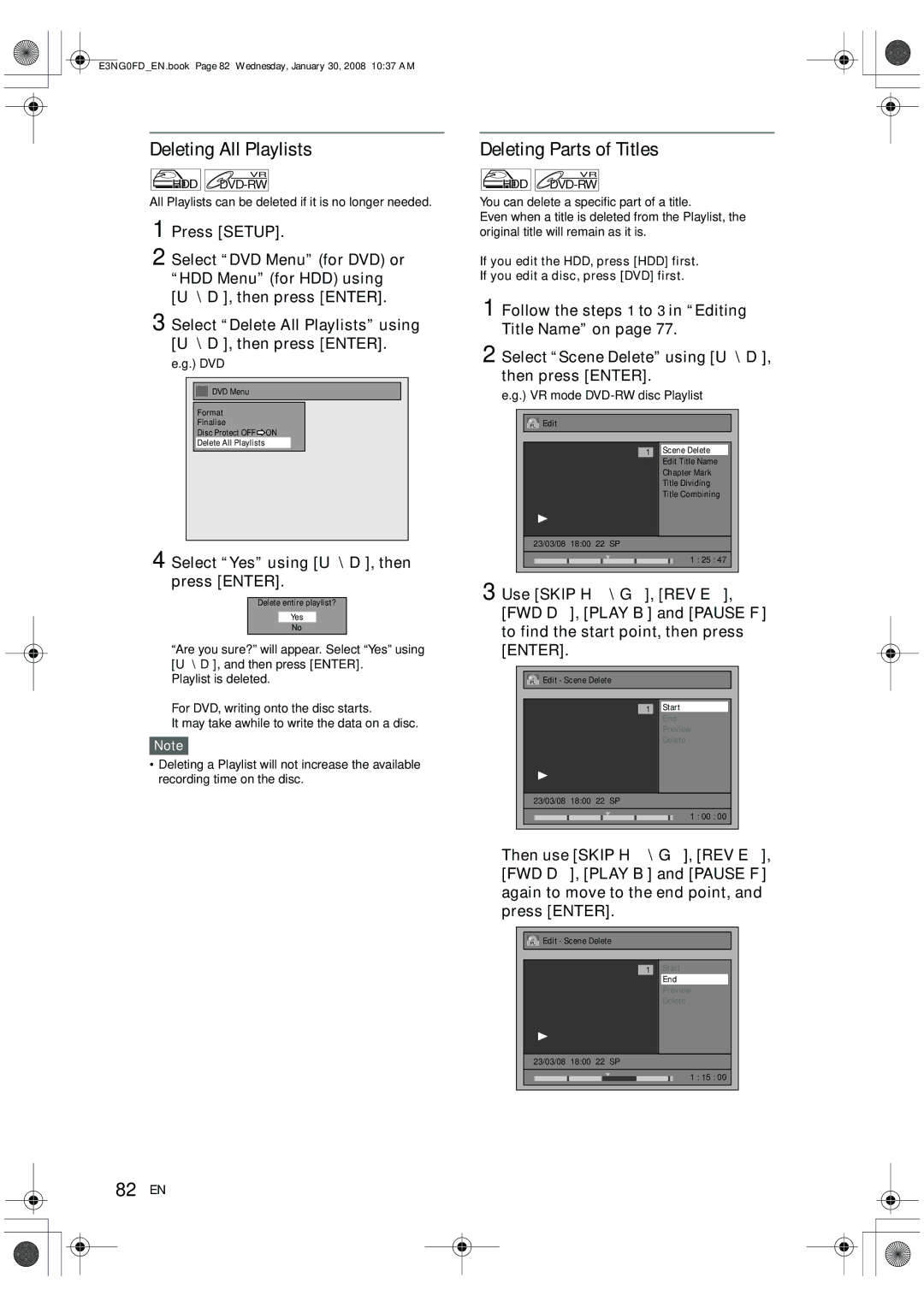 Toshiba RD-XV48DTKF owner manual Deleting All Playlists, Deleting Parts of Titles, 82 EN 