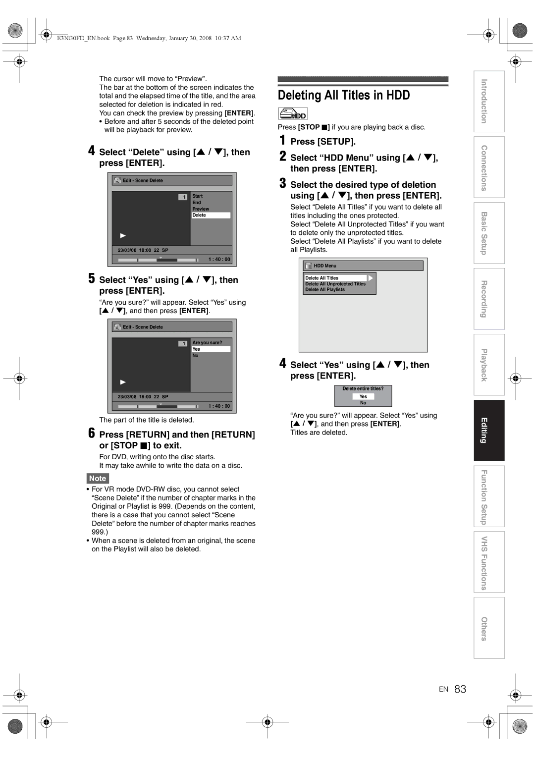 Toshiba RD-XV48DTKF Deleting All Titles in HDD, Select Delete using U \ D, then press Enter, Part of the title is deleted 