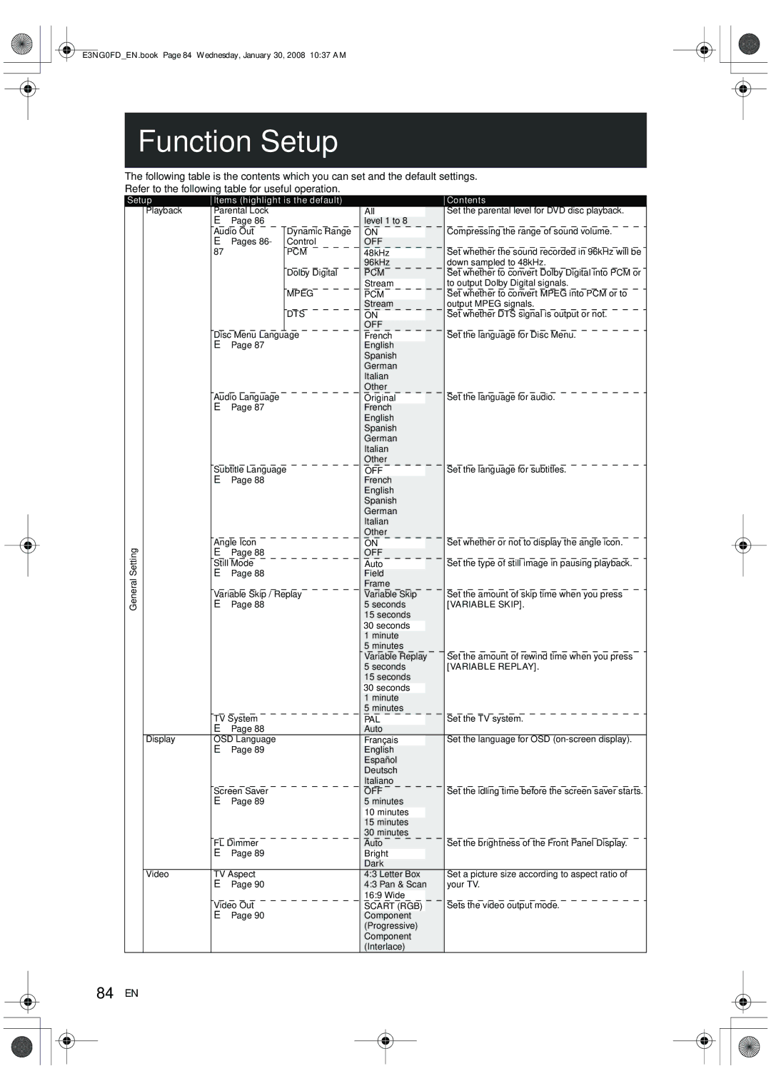 Toshiba RD-XV48DTKF owner manual Function Setup, 84 EN 