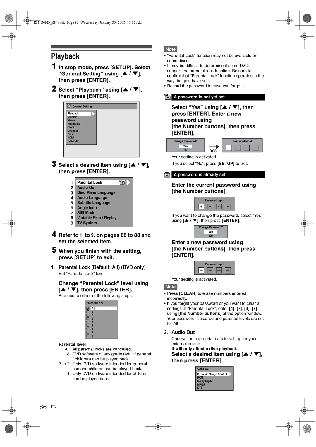 Toshiba RD-XV48DTKF owner manual Playback, 86 EN, Parental Lock Default All DVD only, Audio Out 