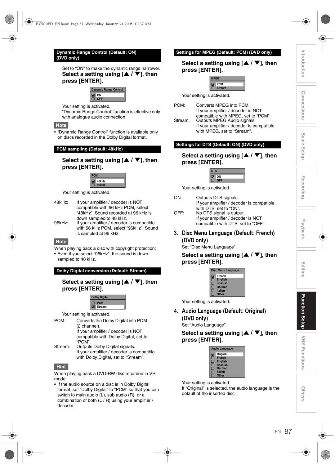 Toshiba RD-XV48DTKF owner manual Disc Menu Language Default French DVD only, Audio Language Default Original DVD only 