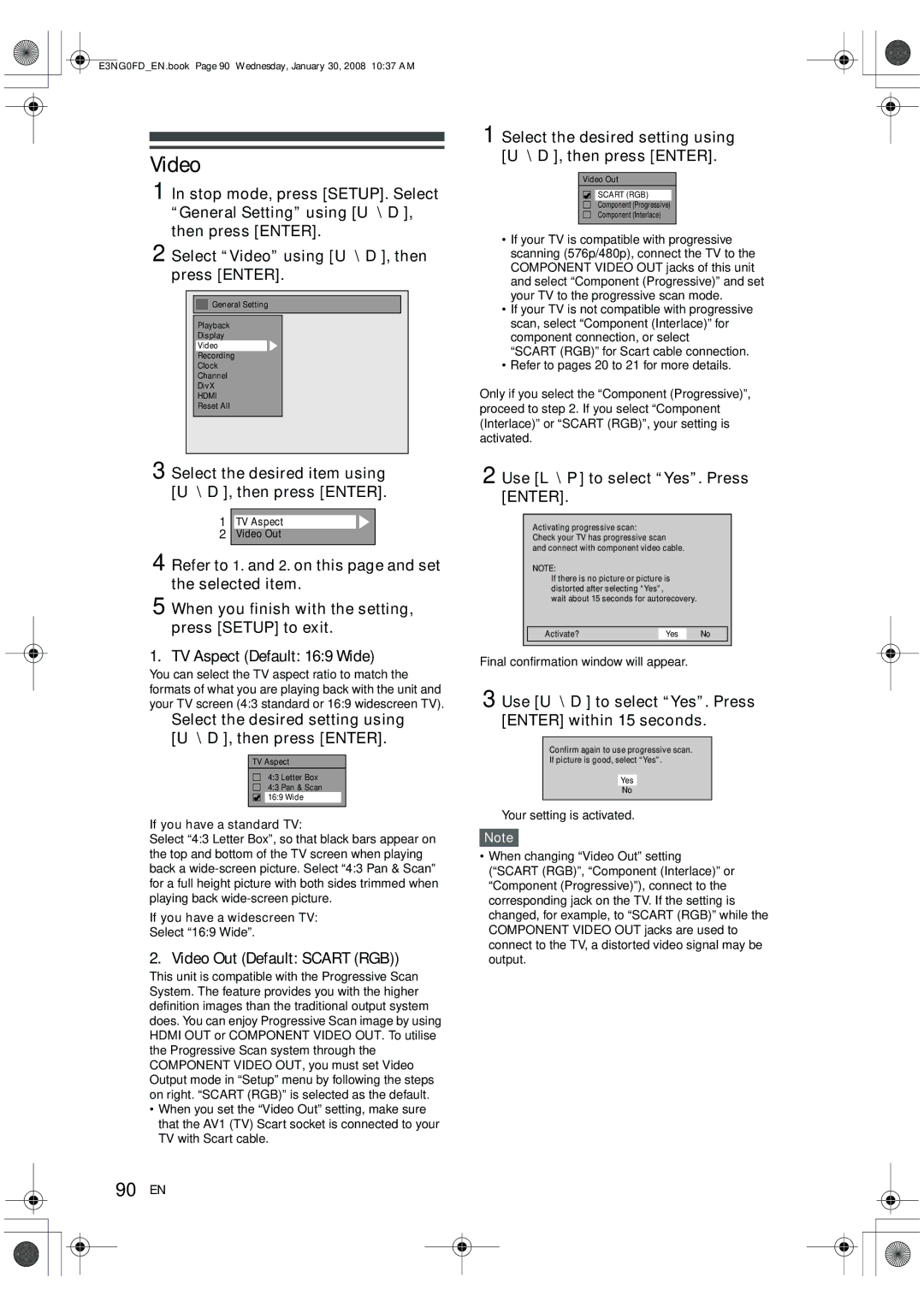 Toshiba RD-XV48DTKF owner manual 90 EN, TV Aspect Default 169 Wide, Video Out Default Scart RGB 