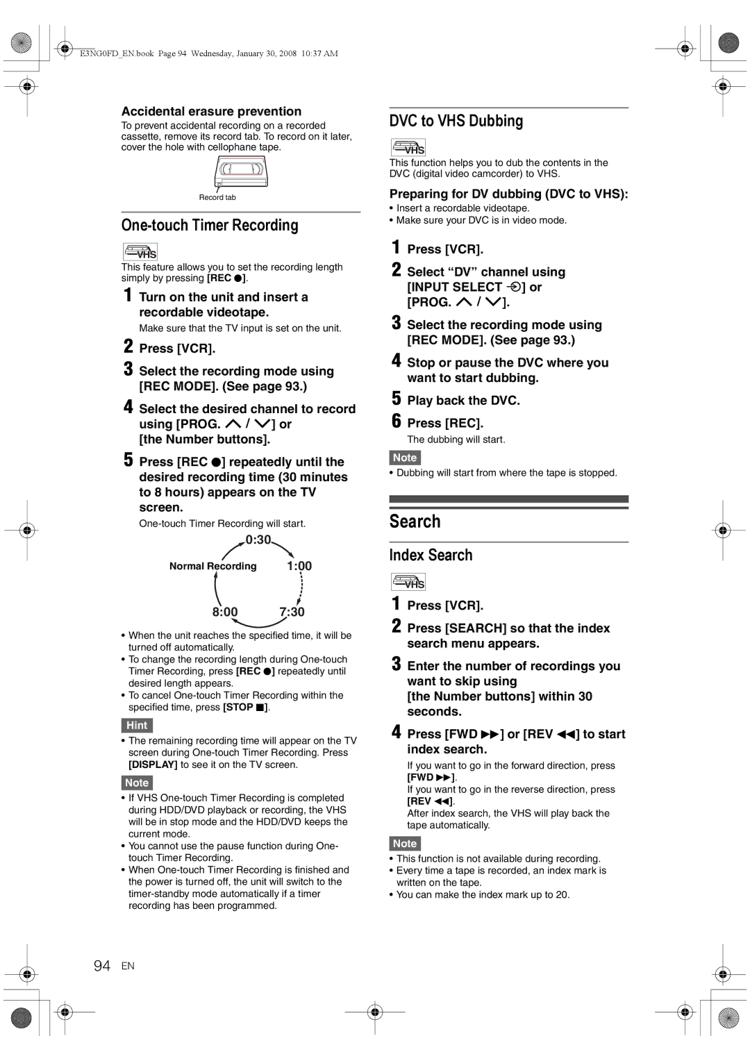 Toshiba RD-XV48DTKF owner manual One-touch Timer Recording, DVC to VHS Dubbing, Index Search, 94 EN 