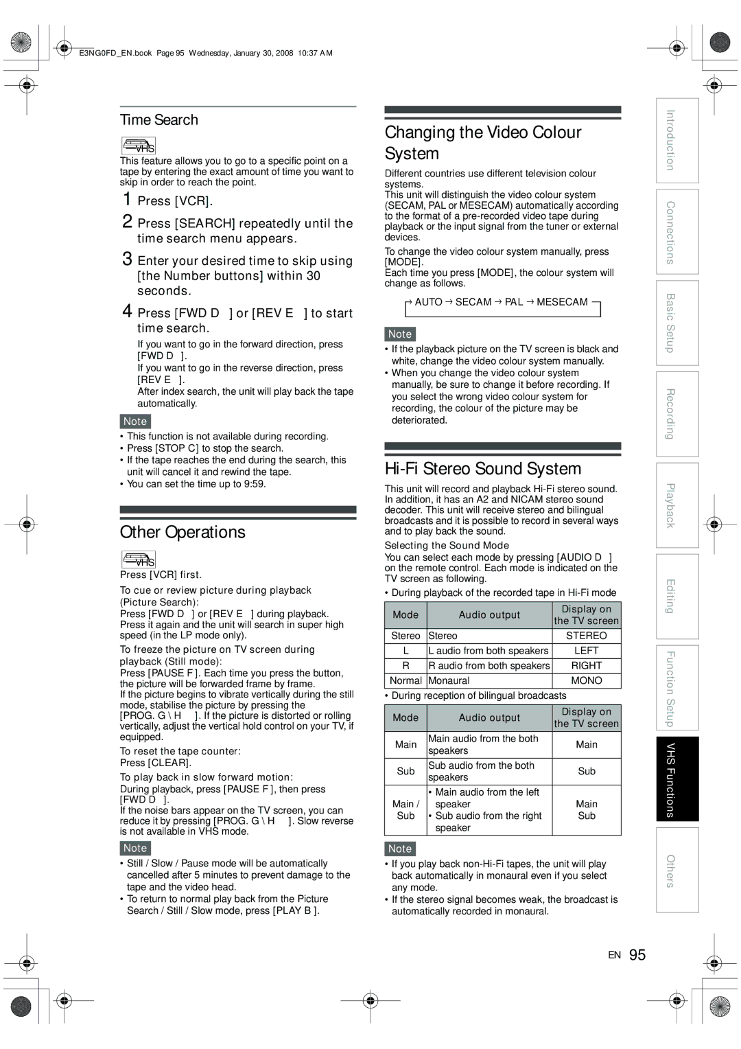 Toshiba RD-XV48DTKF owner manual Other Operations, Changing the Video Colour System, Hi-Fi Stereo Sound System 