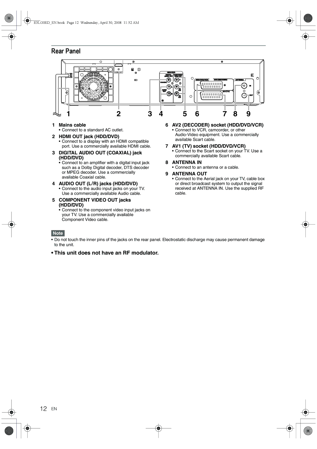 Toshiba RD-XV48KE owner manual Rear Panel, 12 EN, This unit does not have an RF modulator 