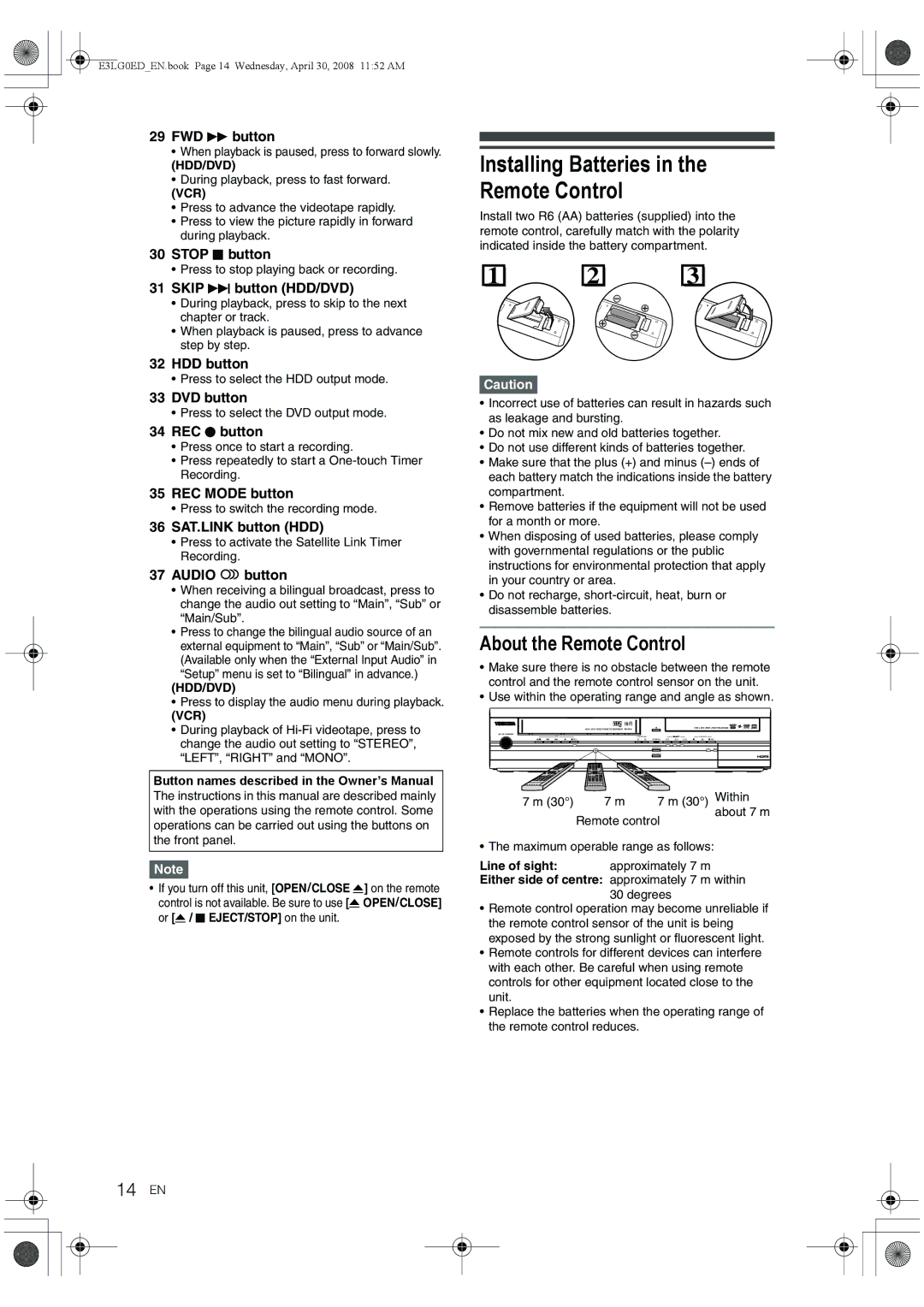 Toshiba RD-XV48KE owner manual Installing Batteries in the Remote Control, About the Remote Control, 14 EN 