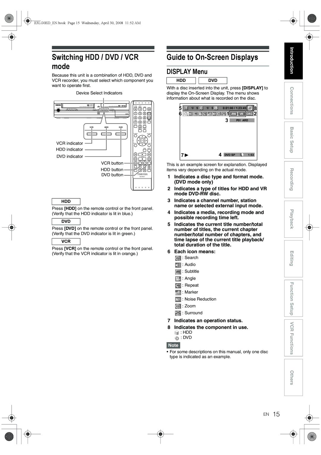 Toshiba RD-XV48KE owner manual Switching HDD / DVD / VCR mode, Guide to On-Screen Displays, Display Menu 