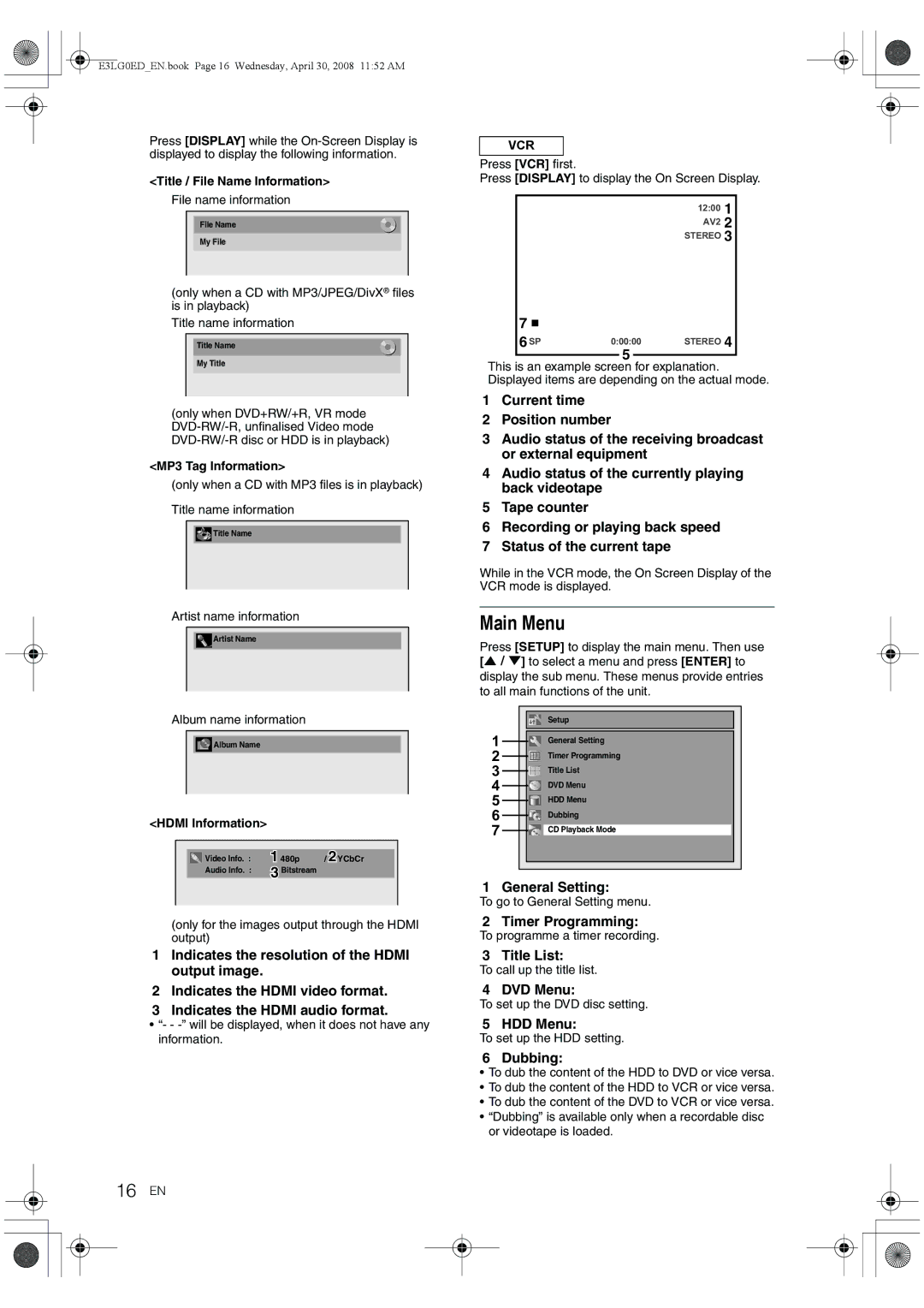 Toshiba RD-XV48KE owner manual Main Menu, 16 EN 