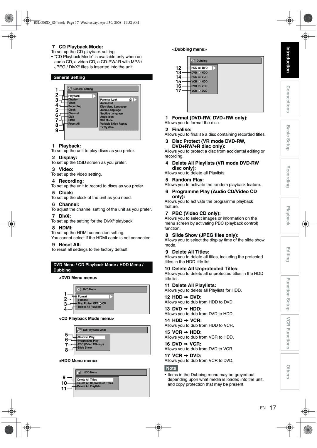 Toshiba RD-XV48KE CD Playback Mode, Video, Clock, Channel, DivX, Reset All, Format DVD-RW, DVD+RW only, Finalise 