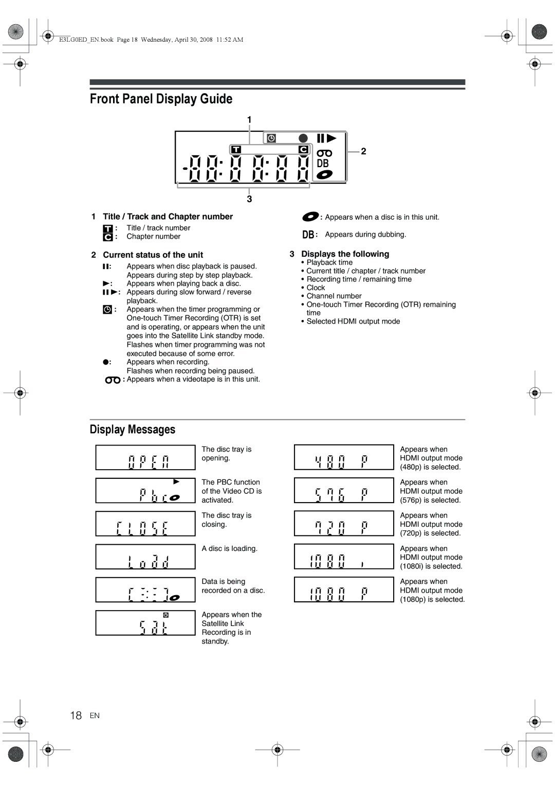 Toshiba RD-XV48KE owner manual Front Panel Display Guide, Display Messages, 18 EN, Title / Track and Chapter number 