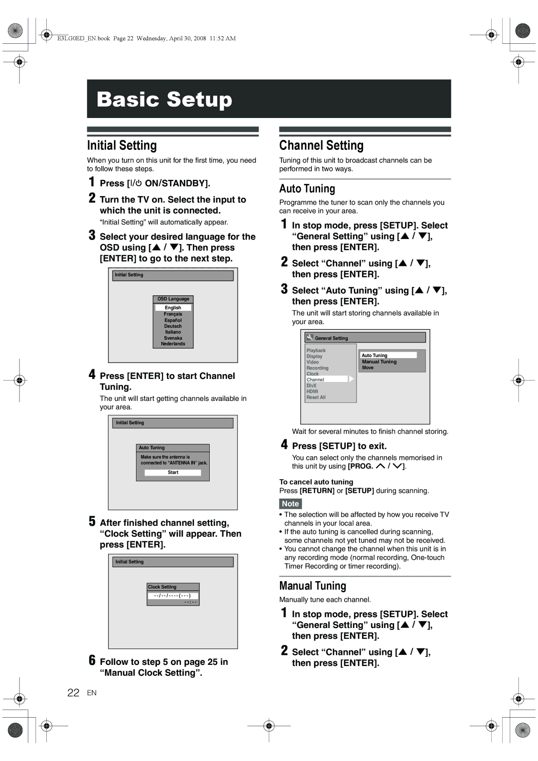 Toshiba RD-XV48KE owner manual Basic Setup, Initial Setting, Channel Setting, Auto Tuning, Manual Tuning 