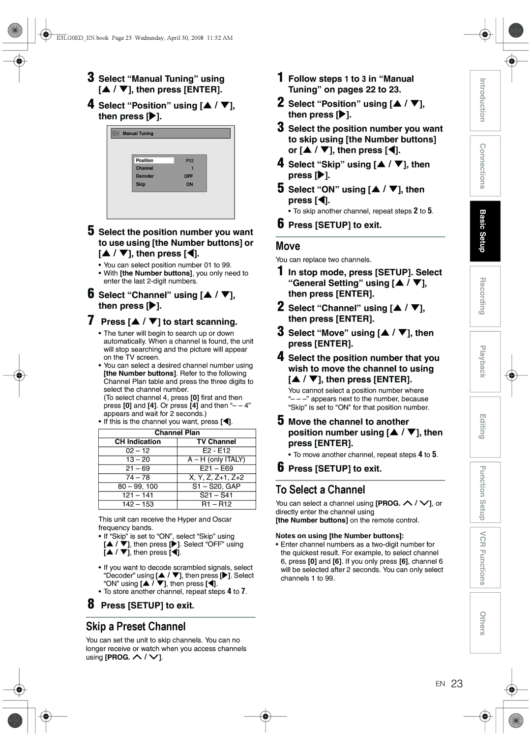 Toshiba RD-XV48KE owner manual Skip a Preset Channel, Move, To Select a Channel 