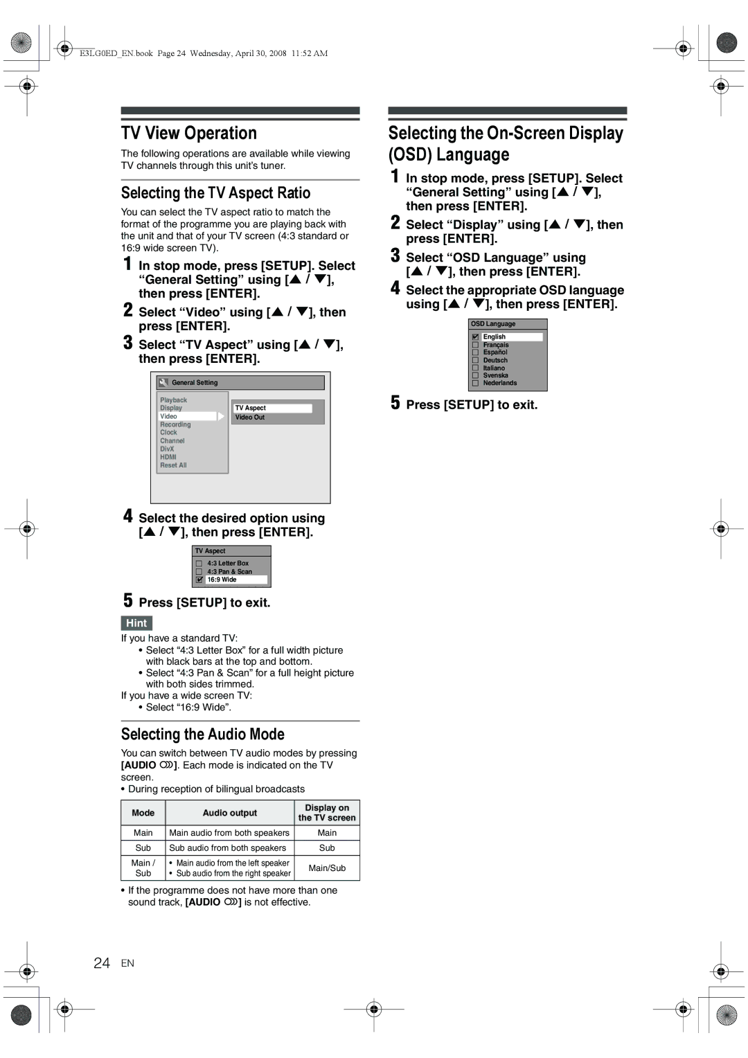 Toshiba RD-XV48KE TV View Operation Selecting the On-Screen Display, OSD Language, Selecting the TV Aspect Ratio, 24 EN 