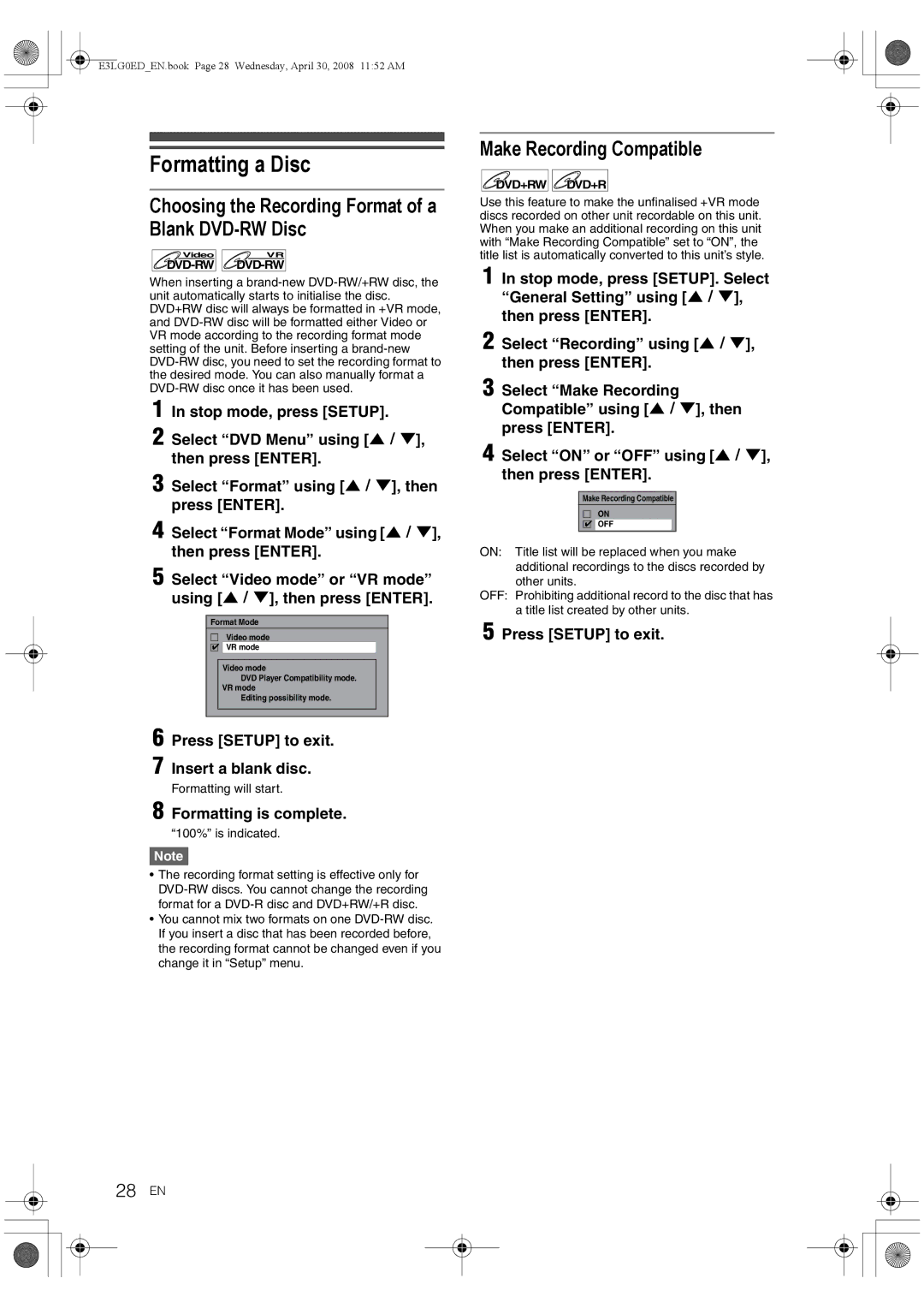 Toshiba RD-XV48KE Formatting a Disc, Choosing the Recording Format of a Blank DVD-RW Disc, Make Recording Compatible 