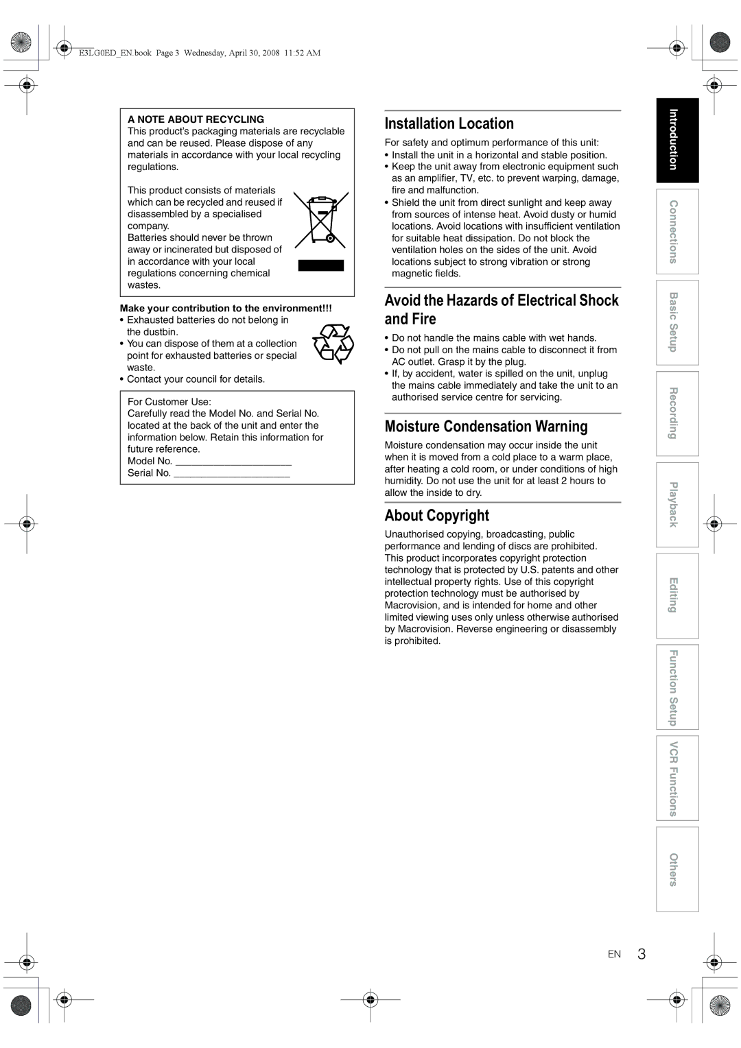 Toshiba RD-XV48KE owner manual Installation Location, Fire, Moisture Condensation Warning, About Copyright 