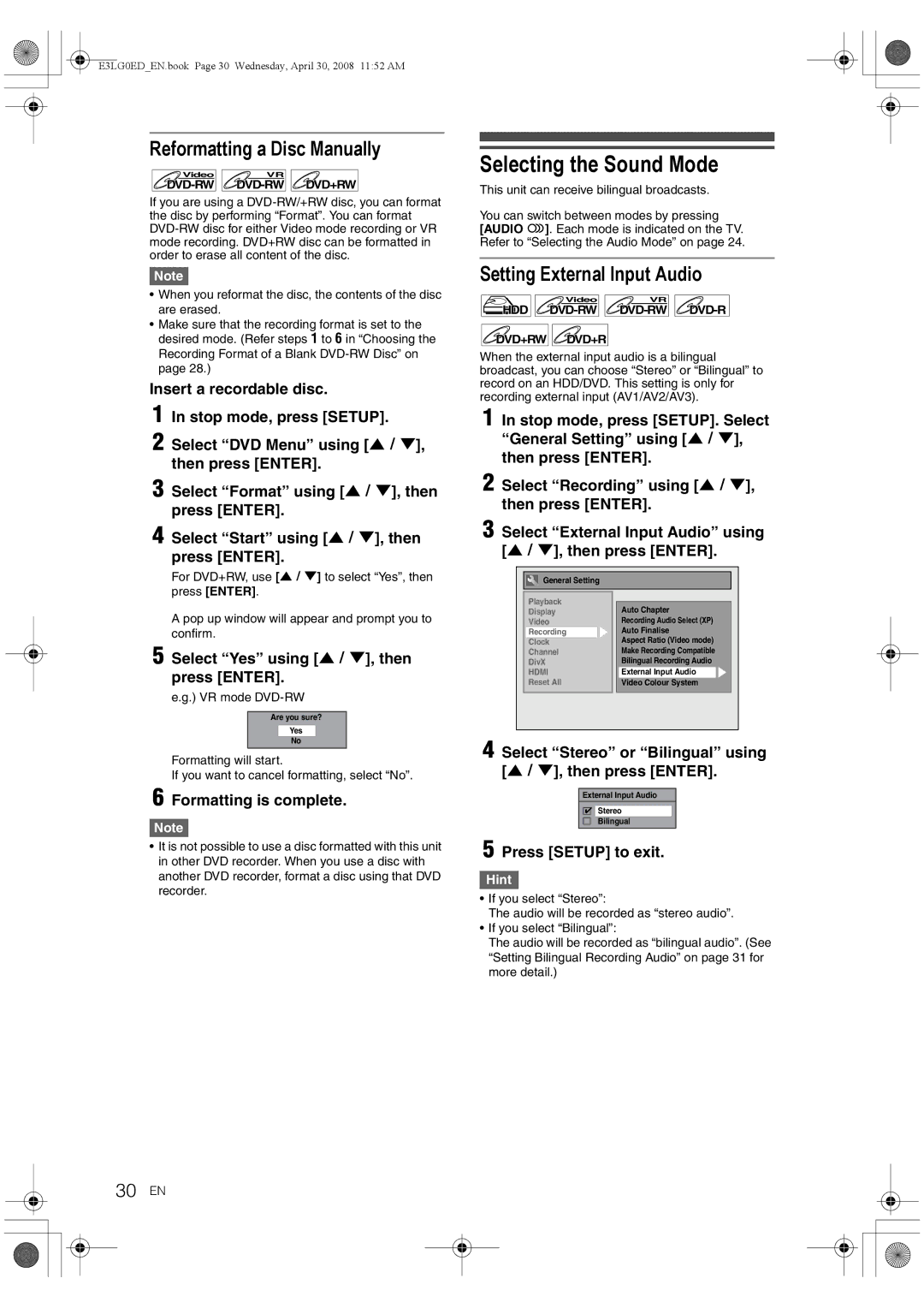 Toshiba RD-XV48KE owner manual Selecting the Sound Mode, Reformatting a Disc Manually, Setting External Input Audio, 30 EN 