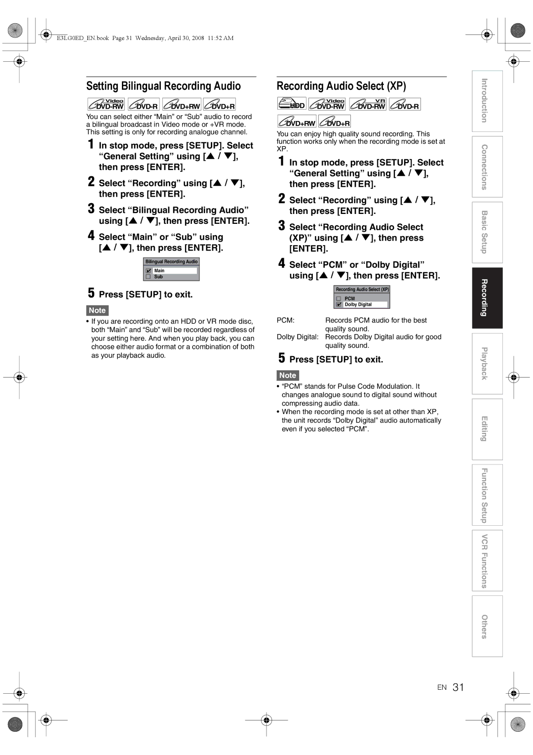 Toshiba RD-XV48KE owner manual Setting Bilingual Recording Audio, Recording Audio Select XP 