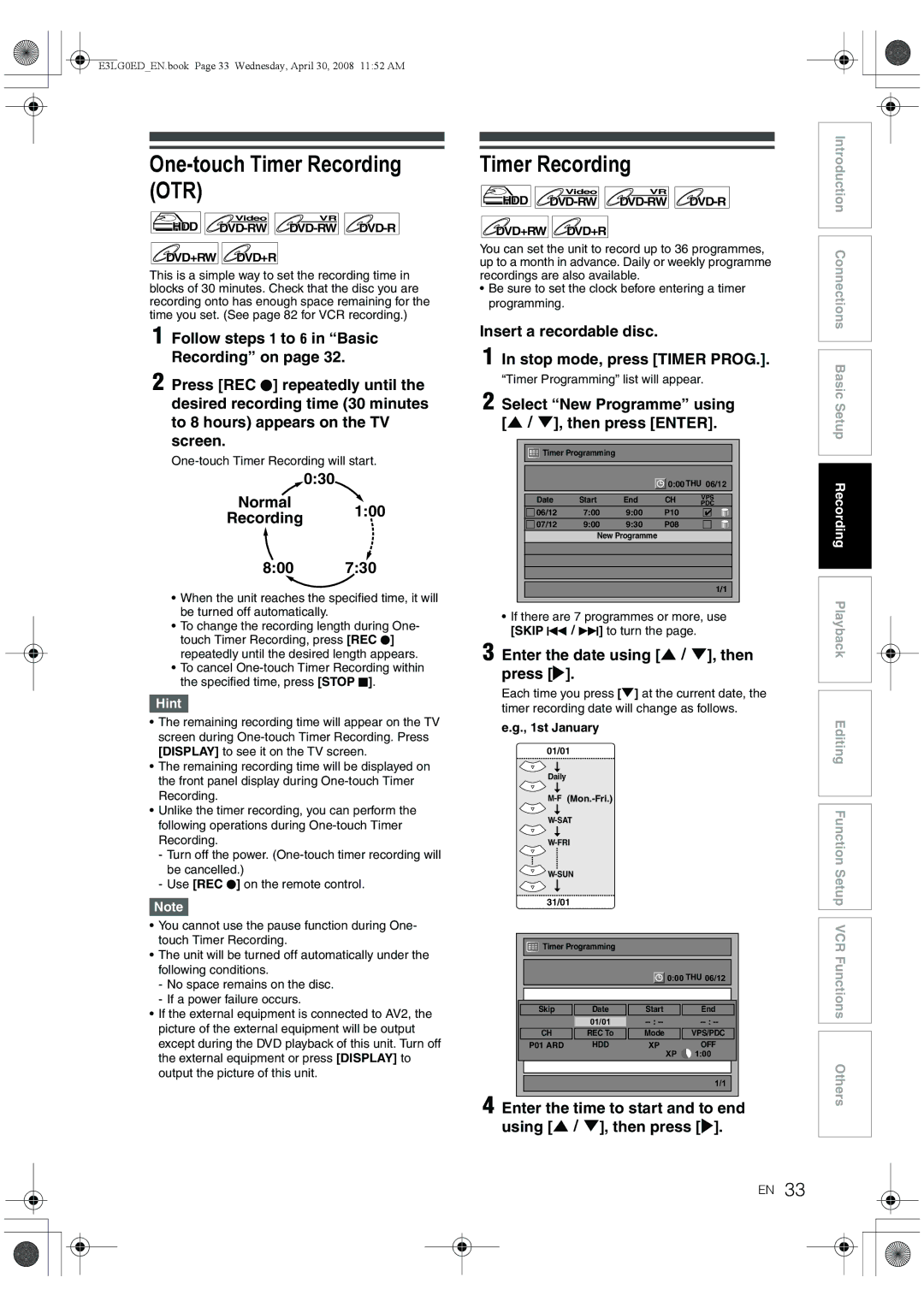 Toshiba RD-XV48KE One-touch Timer Recording OTR, Normal Recording 800, Enter the date using U \ D, then press P 