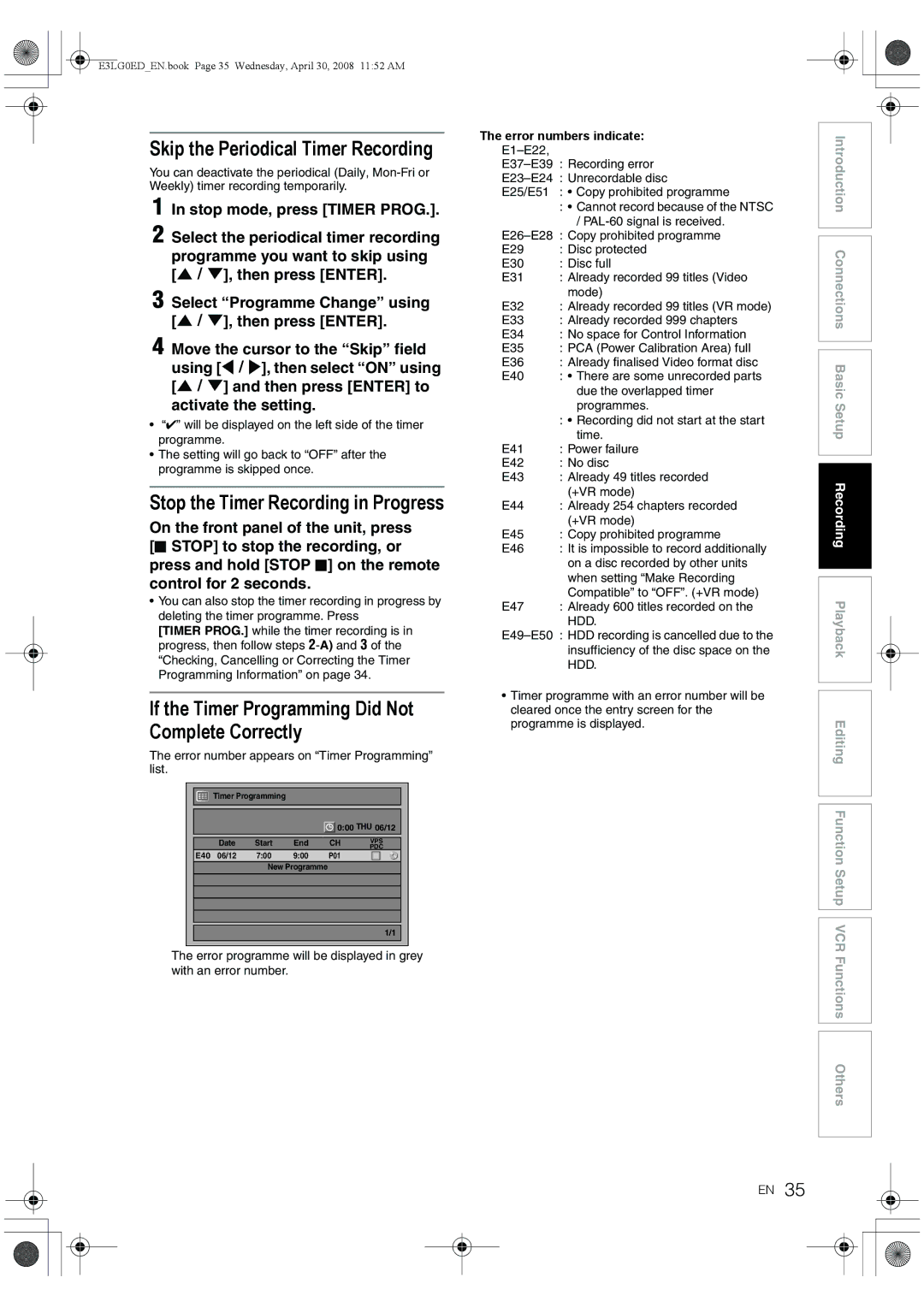 Toshiba RD-XV48KE Skip the Periodical Timer Recording, Stop the Timer Recording in Progress, Error numbers indicate 