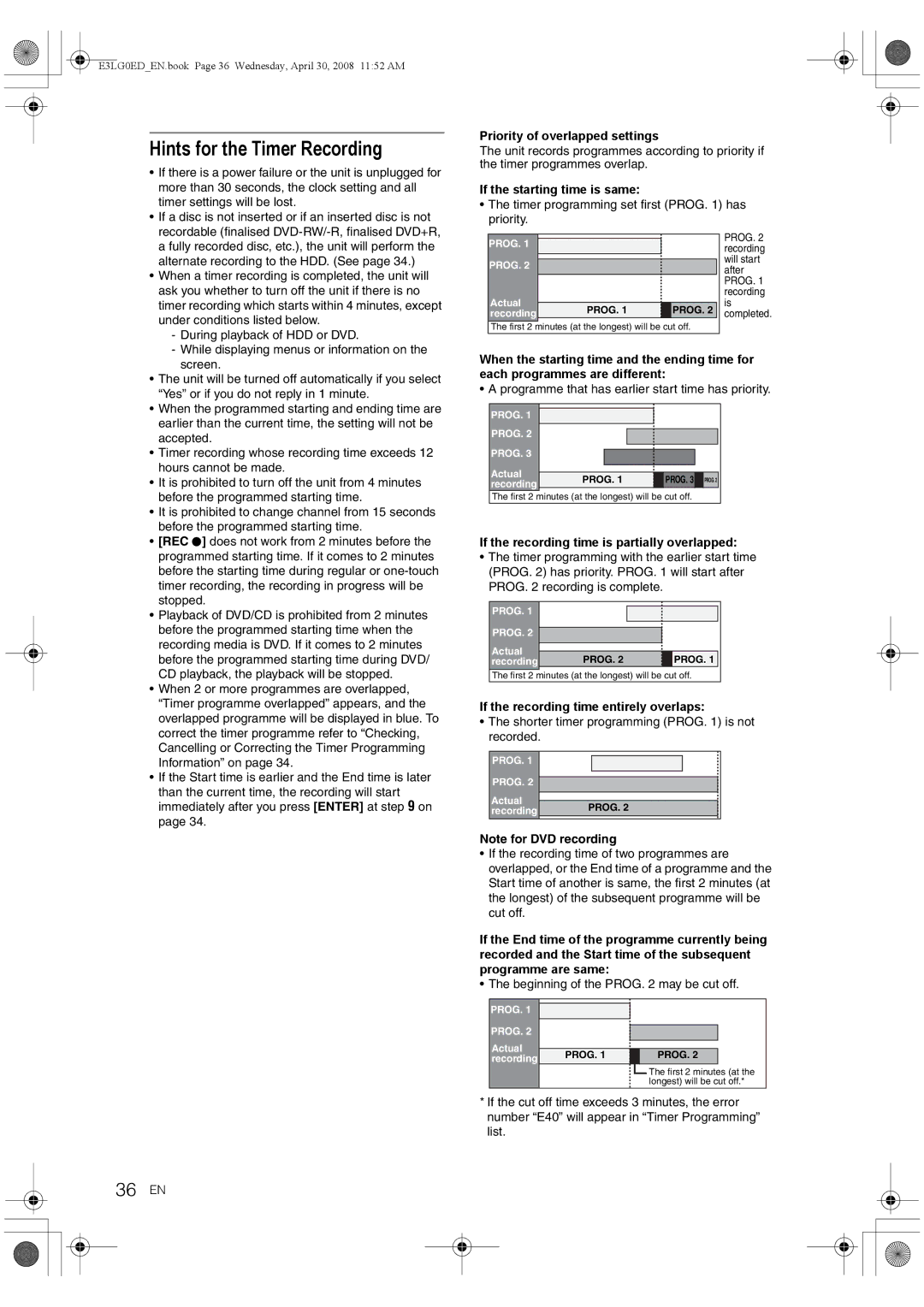 Toshiba RD-XV48KE owner manual Hints for the Timer Recording, 36 EN 