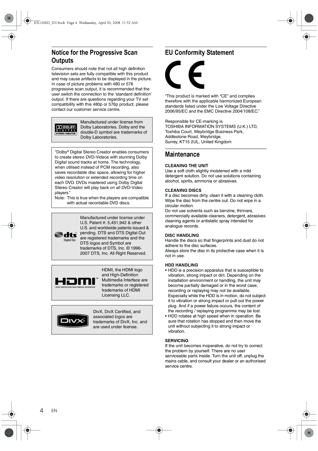 Toshiba RD-XV48KE owner manual EU Conformity Statement, Maintenance 