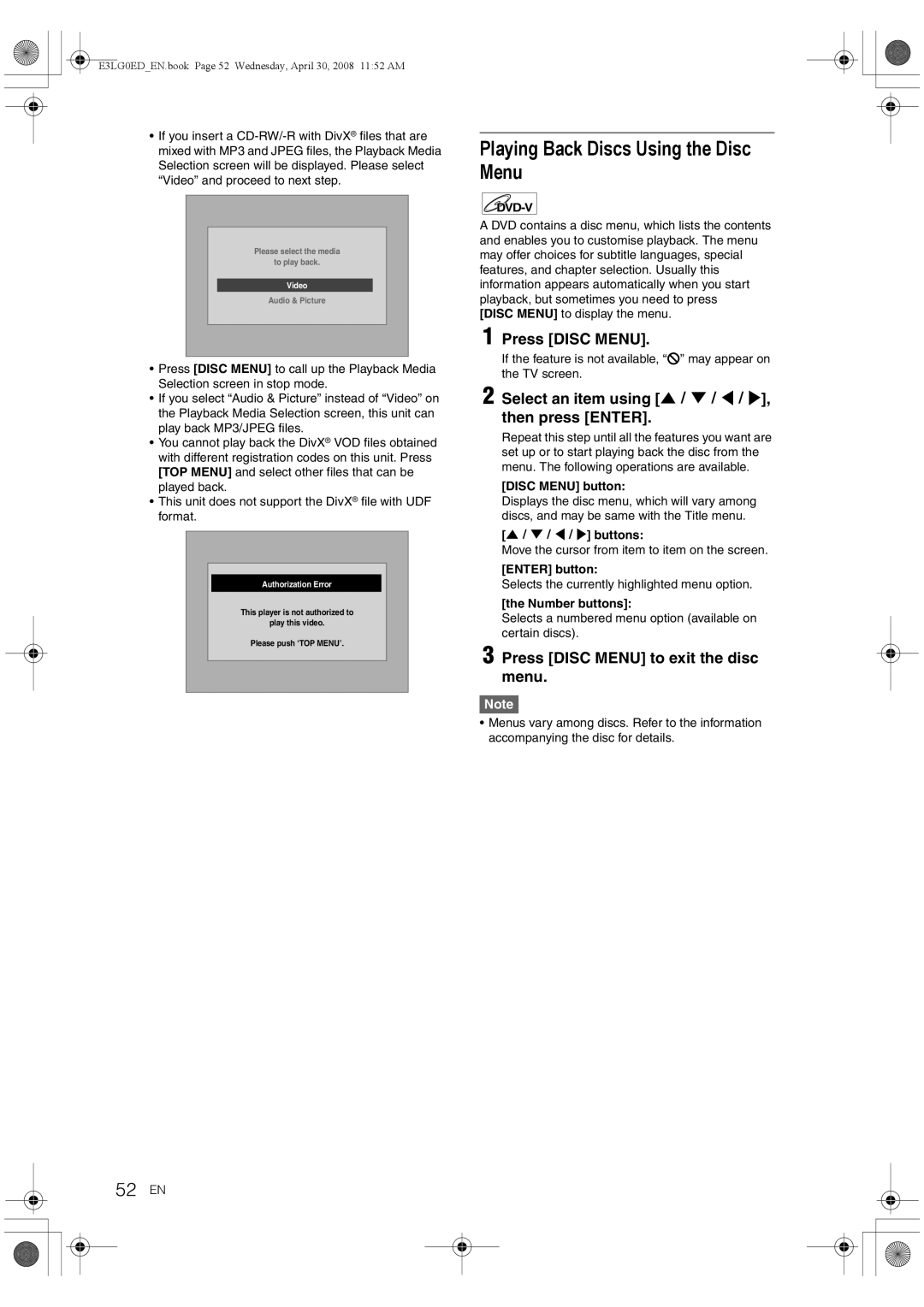 Toshiba RD-XV48KE owner manual Playing Back Discs Using the Disc Menu, 52 EN, Press Disc Menu to exit the disc menu 