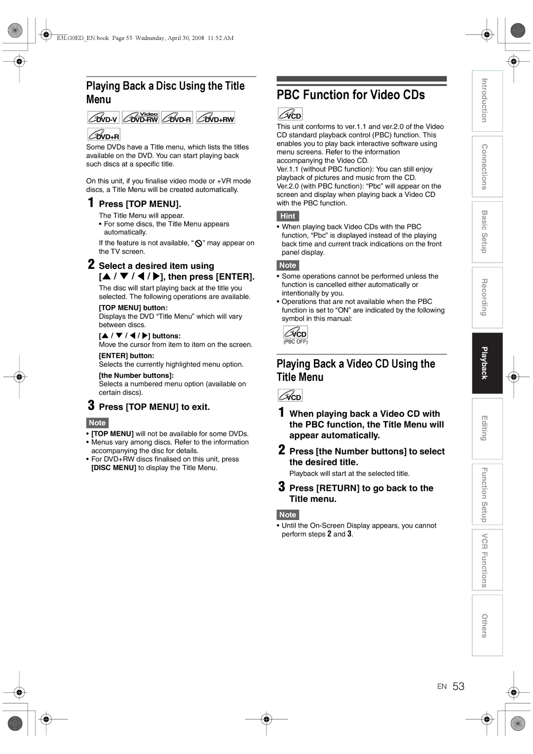 Toshiba RD-XV48KE owner manual PBC Function for Video CDs, Playing Back a Disc Using the Title Menu 