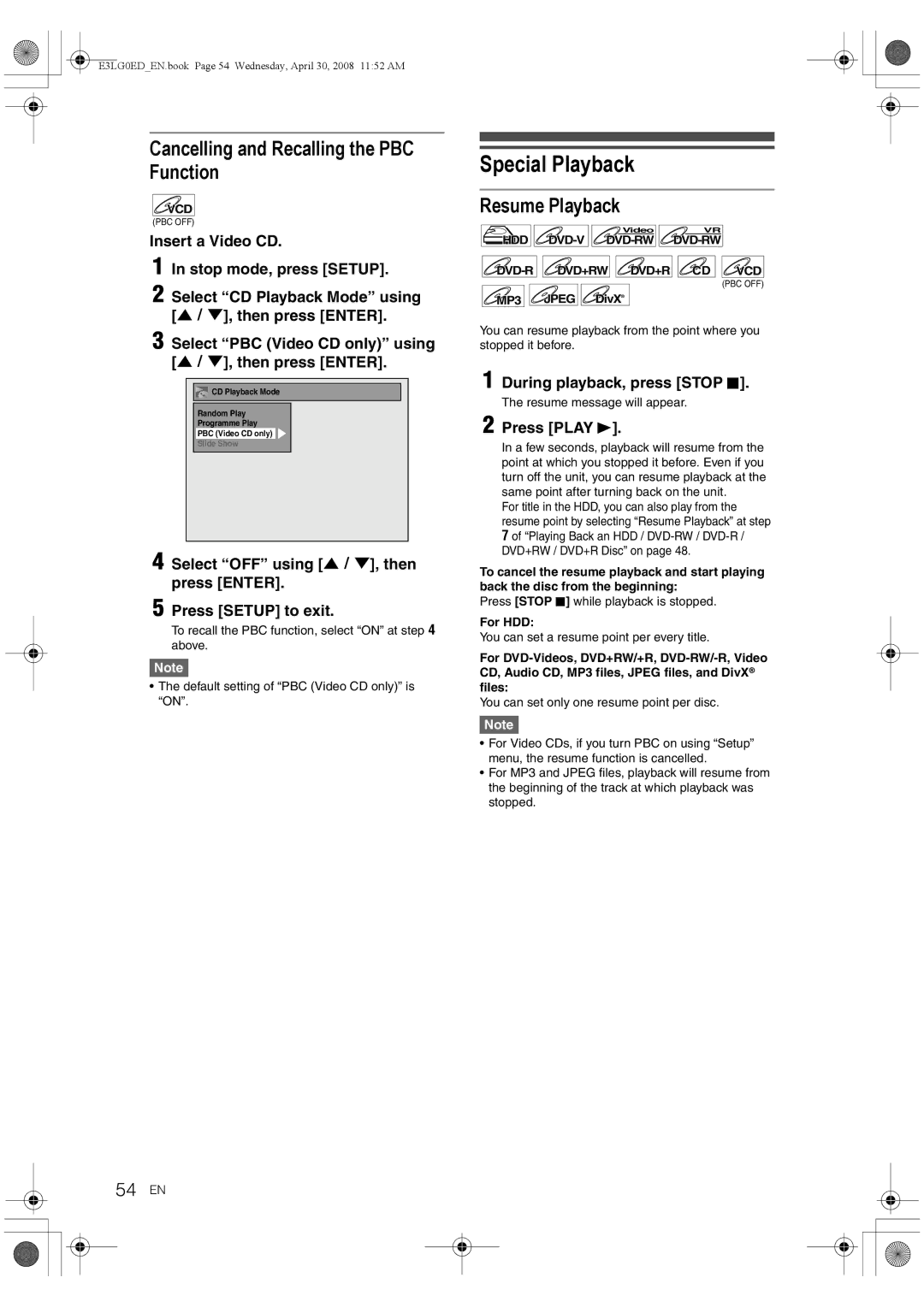 Toshiba RD-XV48KE owner manual Special Playback, Cancelling and Recalling the PBC Function, Resume Playback, 54 EN 