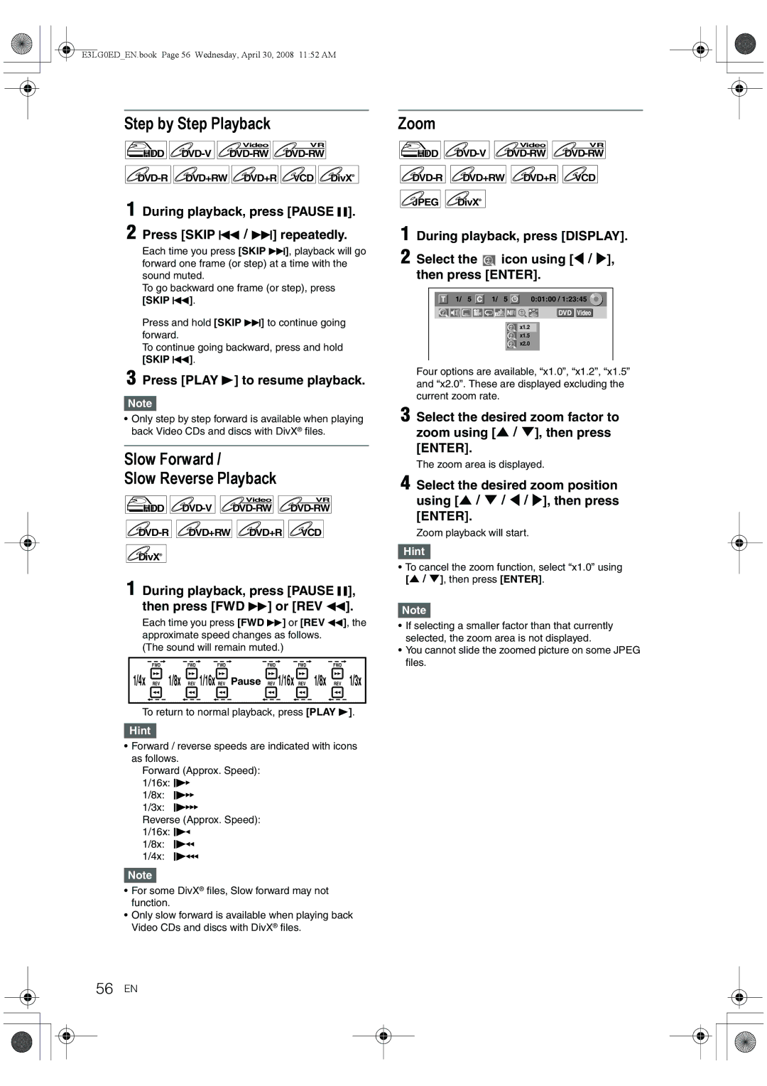 Toshiba RD-XV48KE owner manual Step by Step Playback, Slow Forward Slow Reverse Playback, Zoom, 56 EN 