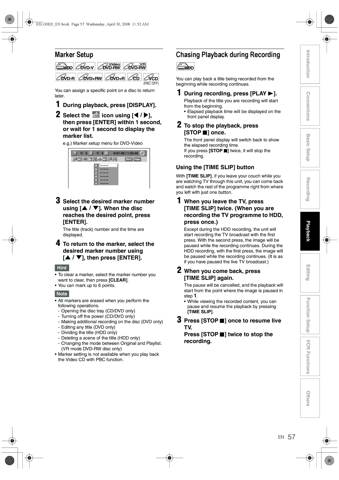 Toshiba RD-XV48KE owner manual Marker Setup, Chasing Playback during Recording 