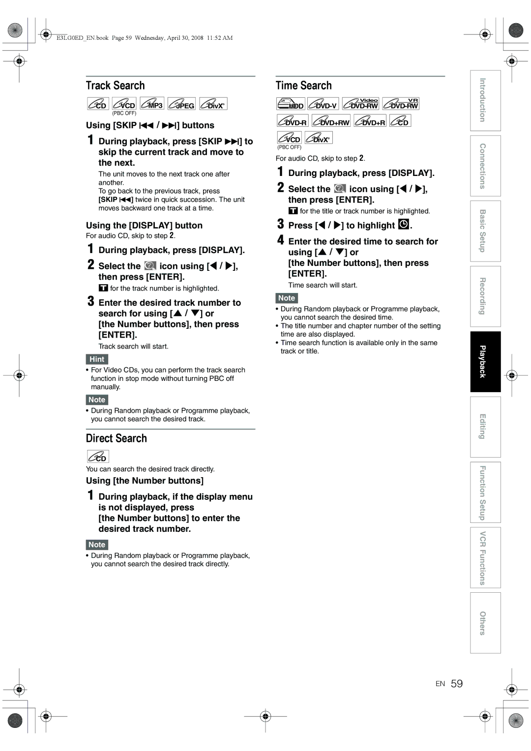 Toshiba RD-XV48KE owner manual Track Search, Direct Search, Time Search, Using the Display button 