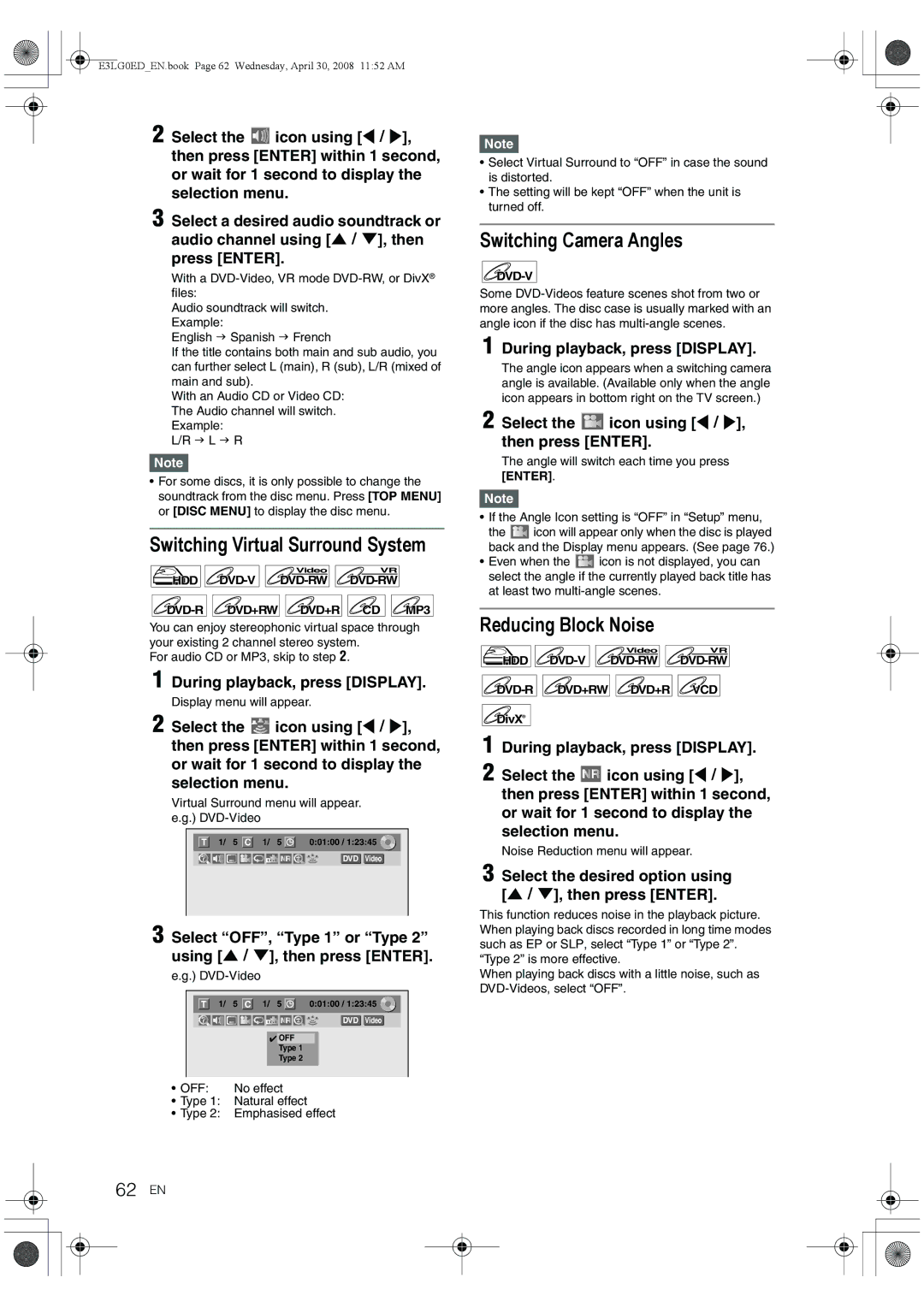 Toshiba RD-XV48KE owner manual Switching Virtual Surround System, Switching Camera Angles, Reducing Block Noise, 62 EN 