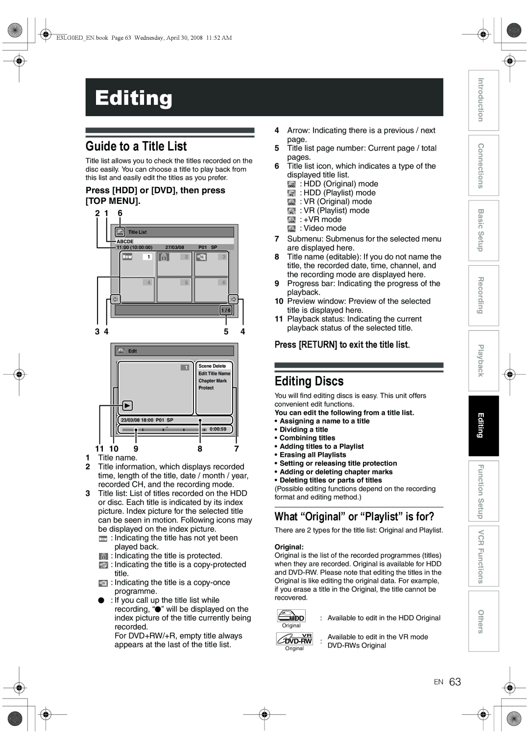 Toshiba RD-XV48KE owner manual Guide to a Title List, Editing Discs, What Original or Playlist is for? 