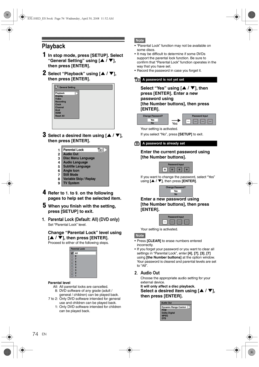 Toshiba RD-XV48KE owner manual Playback, 74 EN, Parental Lock Default All DVD only, Audio Out 