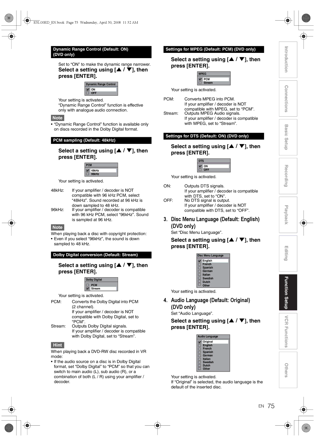 Toshiba RD-XV48KE owner manual Disc Menu Language Default English DVD only, Audio Language Default Original DVD only 